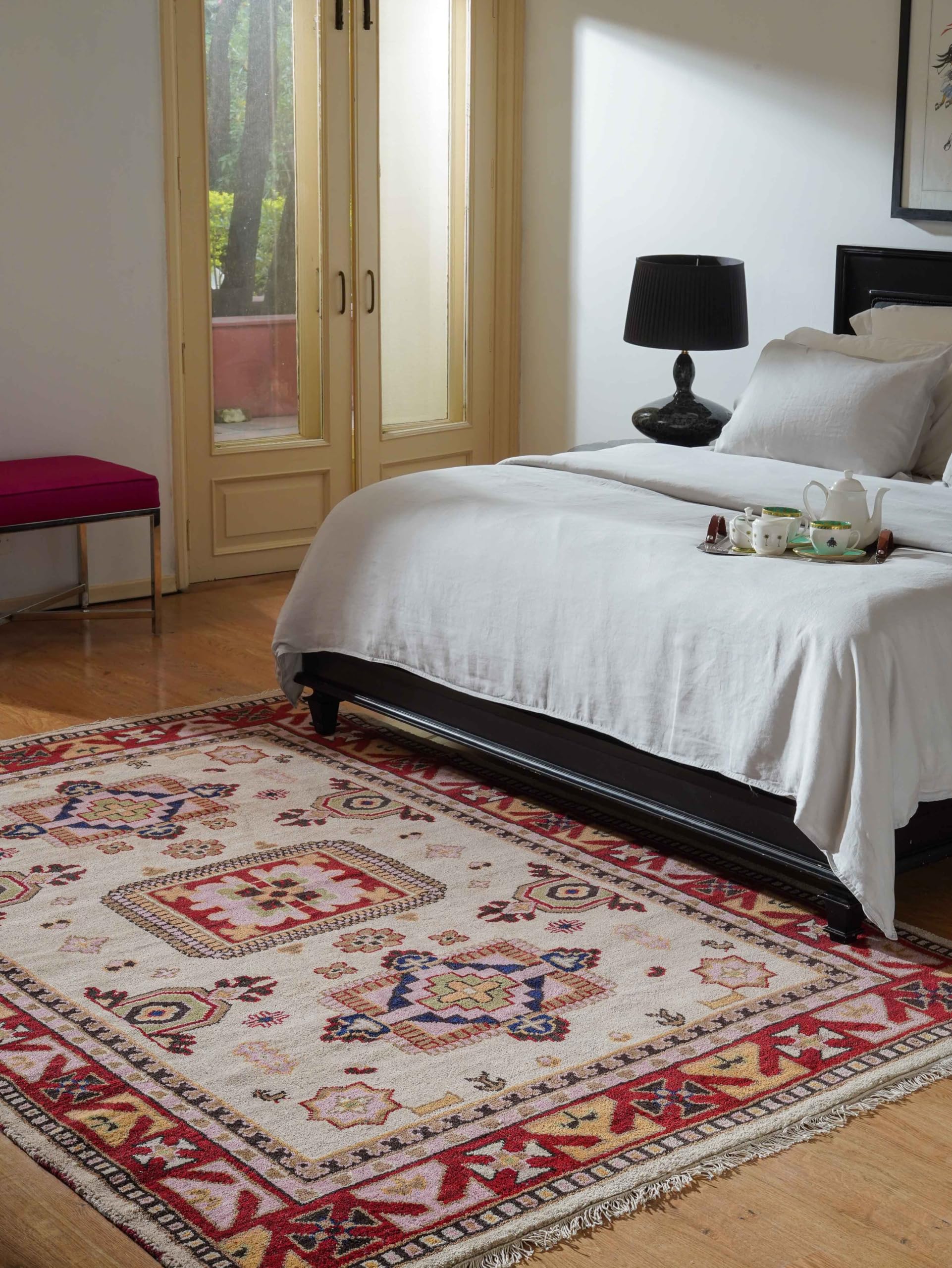Handmade Wool & Silk Oriental Area Rug 5'x8' - Eco-Friendly Traditional Design, Cream & Red, Medium Pile Rectangle Rug for Living Room, Bedroom & Dining Room Decor (AF0115)