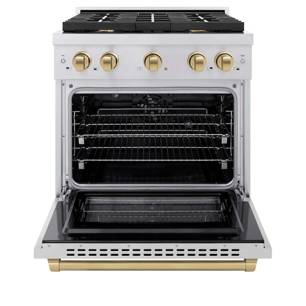 ZLINE Autograph Edition 30-inch 4.2 cu. ft. Dual Fuel Range with 4-Burner Gas Cooktop & Electric Convection Oven - Stainless Steel with Champagne Bronze Accents (SDRZ 30 CB) - Perfect for Gourmet Kitchens & Professional Home Chefs
