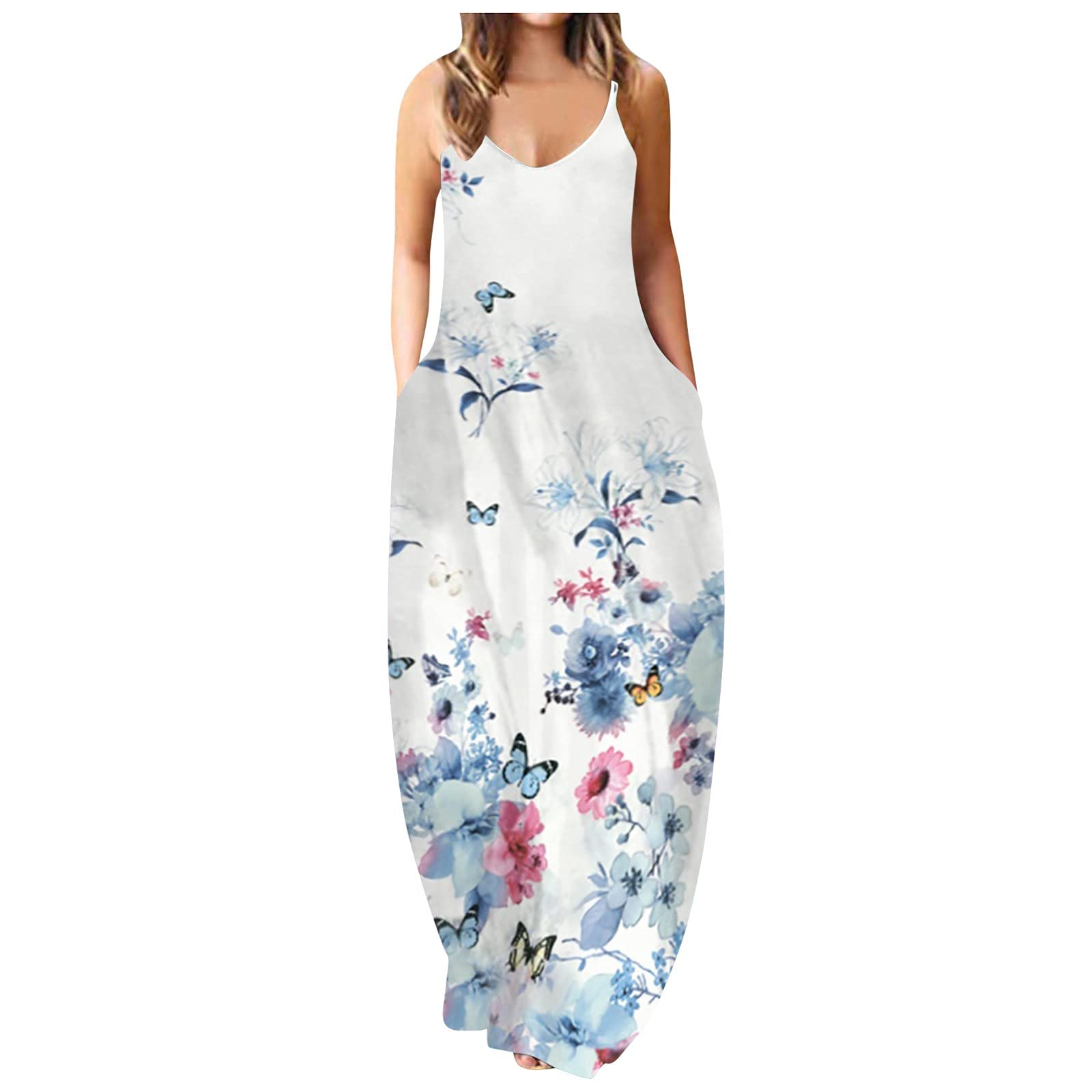 White Sling Print Women's Pocket Loose Casual Sleeveless Dress - Summer Fashion Dress for Beach, Party & Vacation