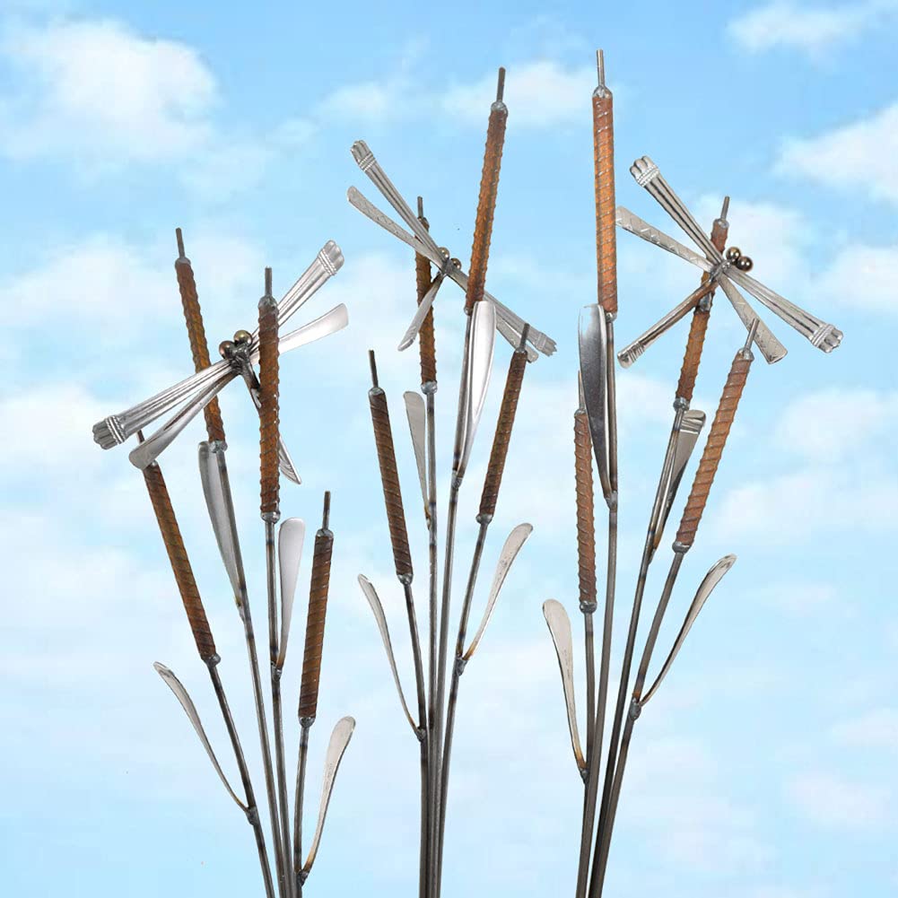 American Made Rusty Cattails Garden Stake with Dragonfly Sculpture – 34