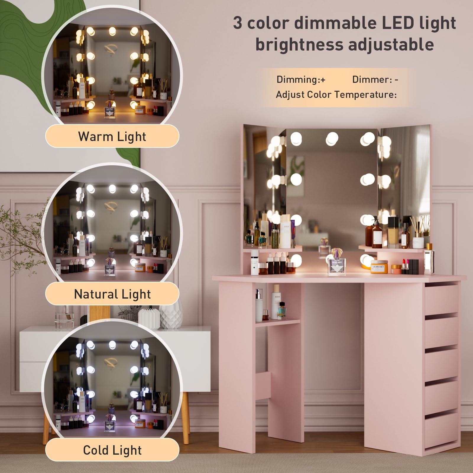 Likein Corner Vanity Desk with Drawers & LED Mirror - Small Pink Makeup Table with Lights for Women & Girls | Perfect for Bedroom, Dorm Room & Apartment Beauty Space