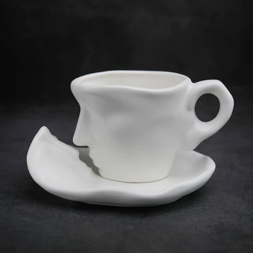 Premium Cappuccino Latte Cup and Saucer Set - Espresso Coffee Mugs with Creative Face Design - Fun Ceramic Tea Cups - Microwave & Dishwasher Safe - White - Perfect for Home, Office, and Cafe Use