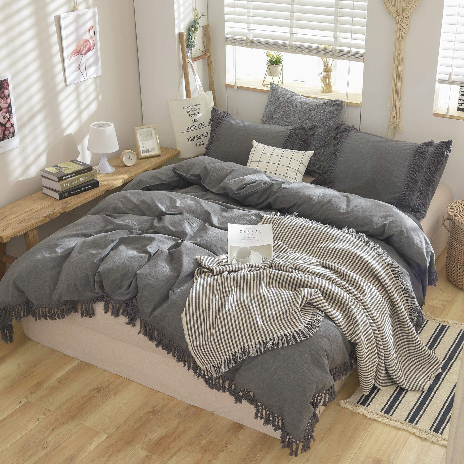Bohemian Duvet Cover Set 3Pcs - 100% Washed Cotton King/Queen Size Luxury Comforter Cover with Tassel Trim & 2 Pillowcases | Elegant Bedding for Master Bedroom, Guest Room & Airbnb Styling