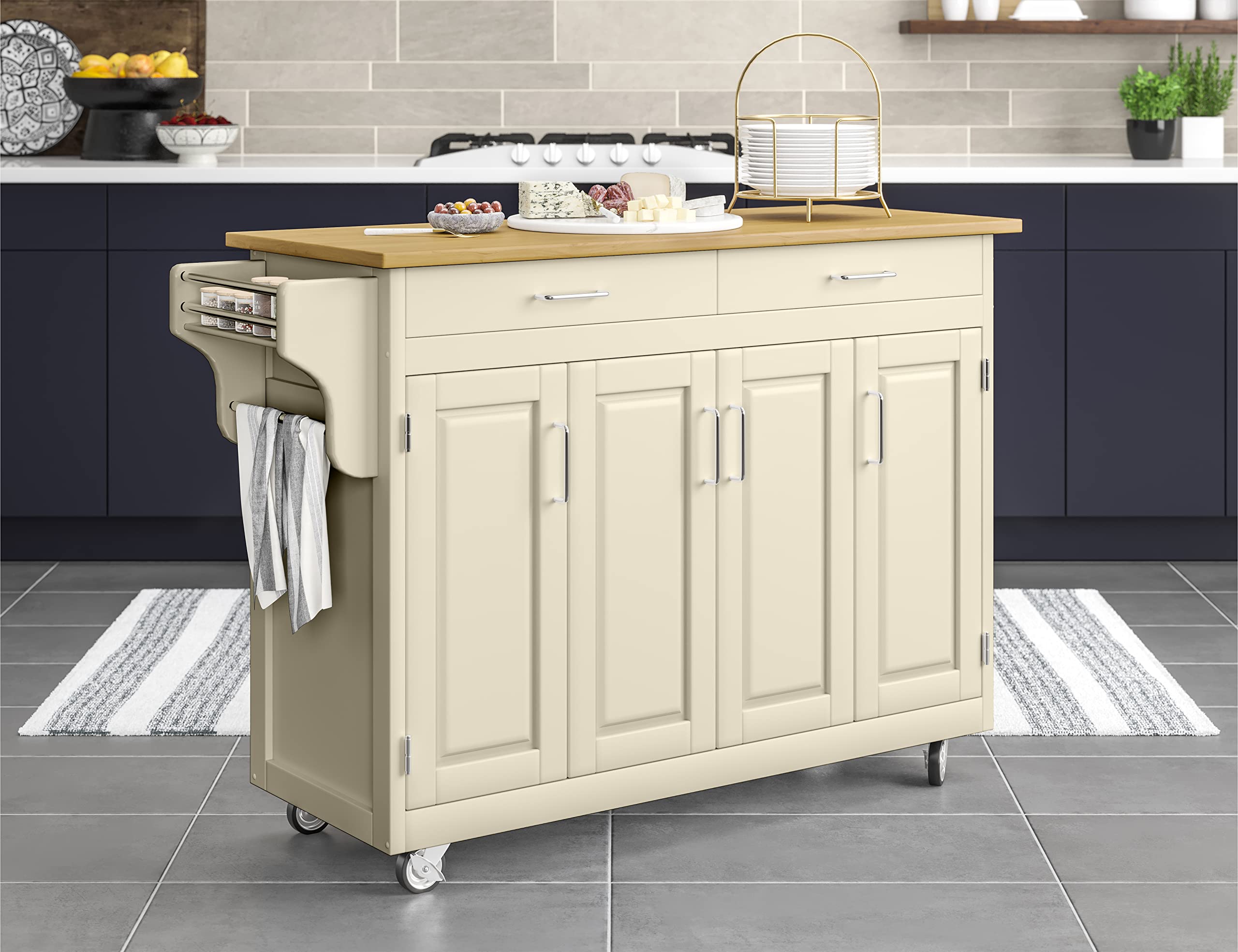 White 4-Door Kitchen Cart with Wood Top, Adjustable Shelves & Spice Rack - Mobile Storage Cabinet with Locking Wheels for Small Spaces | Perfect for Pantry Organization, Cooking Prep & Dining Room Storage