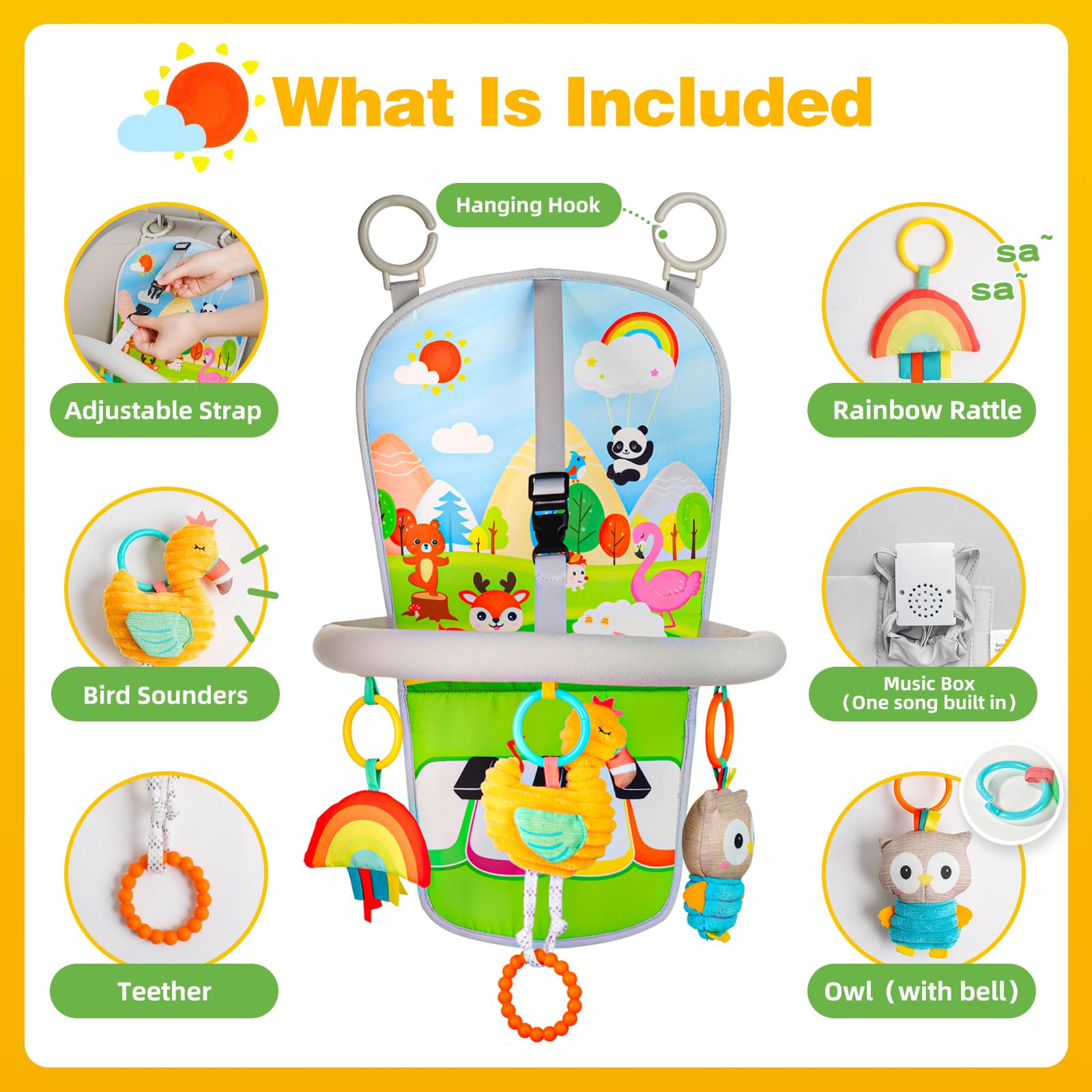 Best Baby Car Seat Toys for 0-6 Months - Musical Kick & Play Activity Arch with Sensory Features | Developmental Travel Toys for Infants & Toddlers | Perfect for Strollers, Road Trips & Airplane Rides (Flamingos Design)