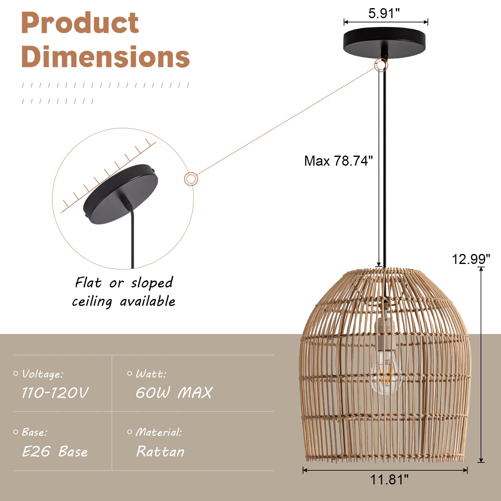 Handwoven Bamboo Rattan Pendant Light - 11.81