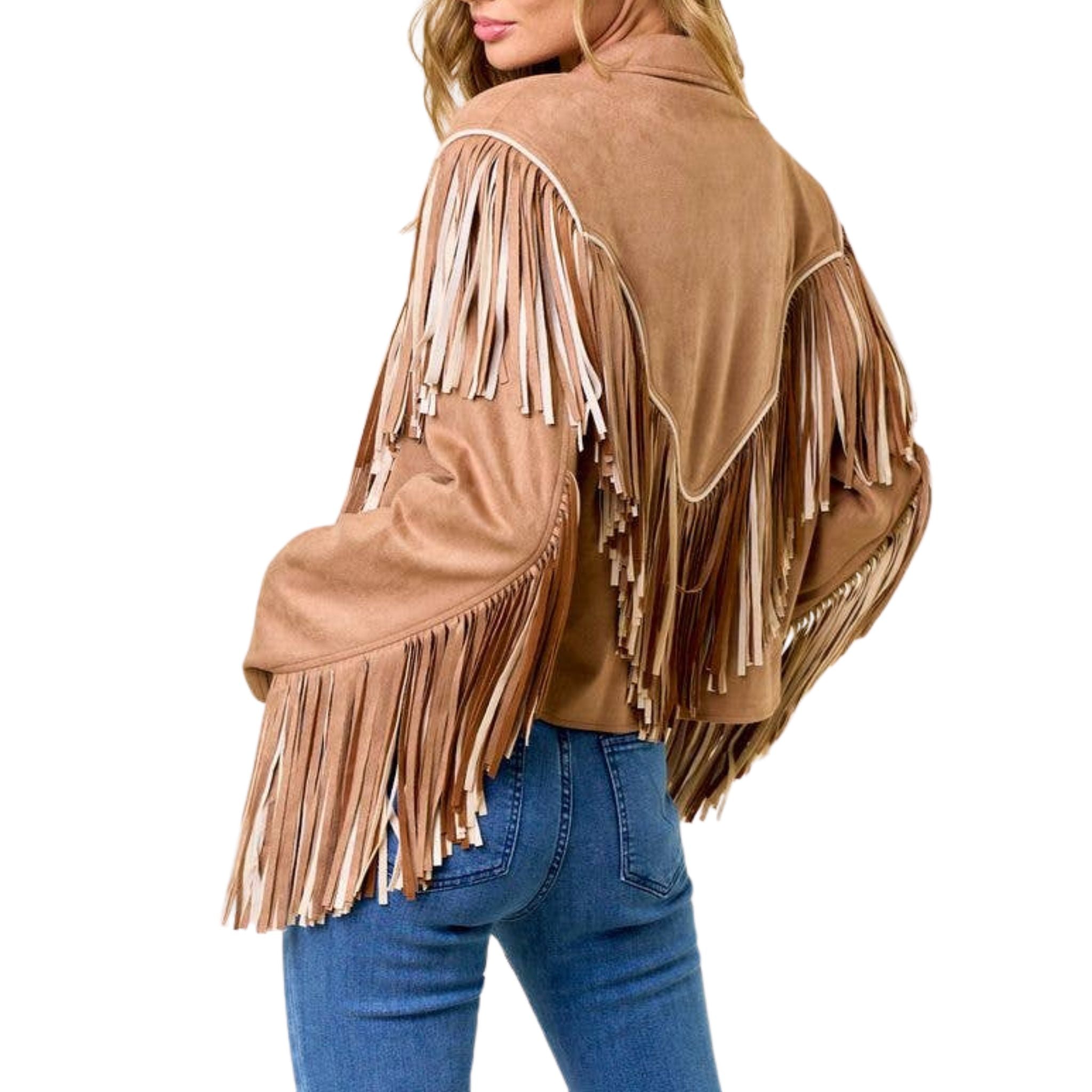Stylish Tan & Brown Two-Tone Fringe Jacket for Women - Boho Chic Outerwear for Concerts, Festivals & Fall Fashion