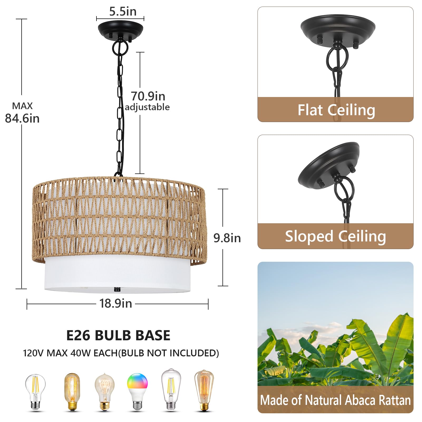 5-Light Farmhouse Chandelier - Handwoven Rattan Boho Pendant Light with Fabric Shade for Dining Room, Kitchen, Bedroom & Hallway | Rustic Ceiling Lighting Fixture for Home Decor & Island
