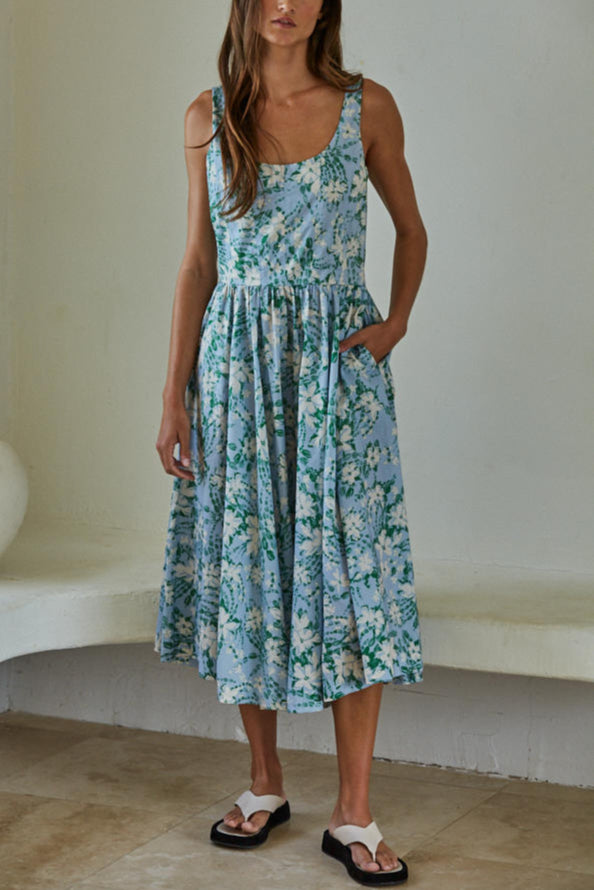 Seaside Blooms Floral Print Midi Dress for Women - Summer Beach Vacation, Garden Party & Casual Outfit
