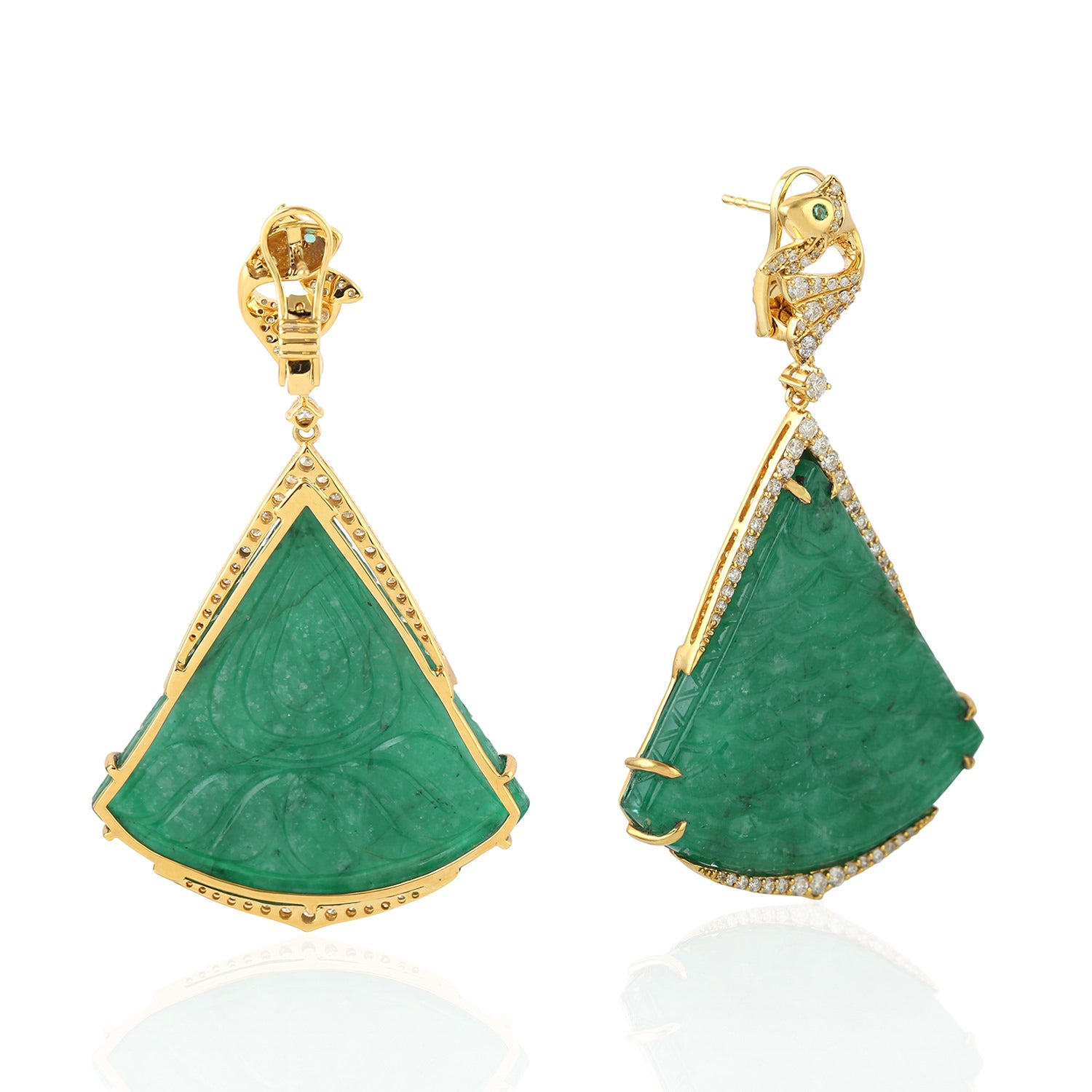 Handmade Yellow Gold Emerald and Pave Diamond Fish Dangle Earrings - Perfect for Weddings, Parties & Special Occasions