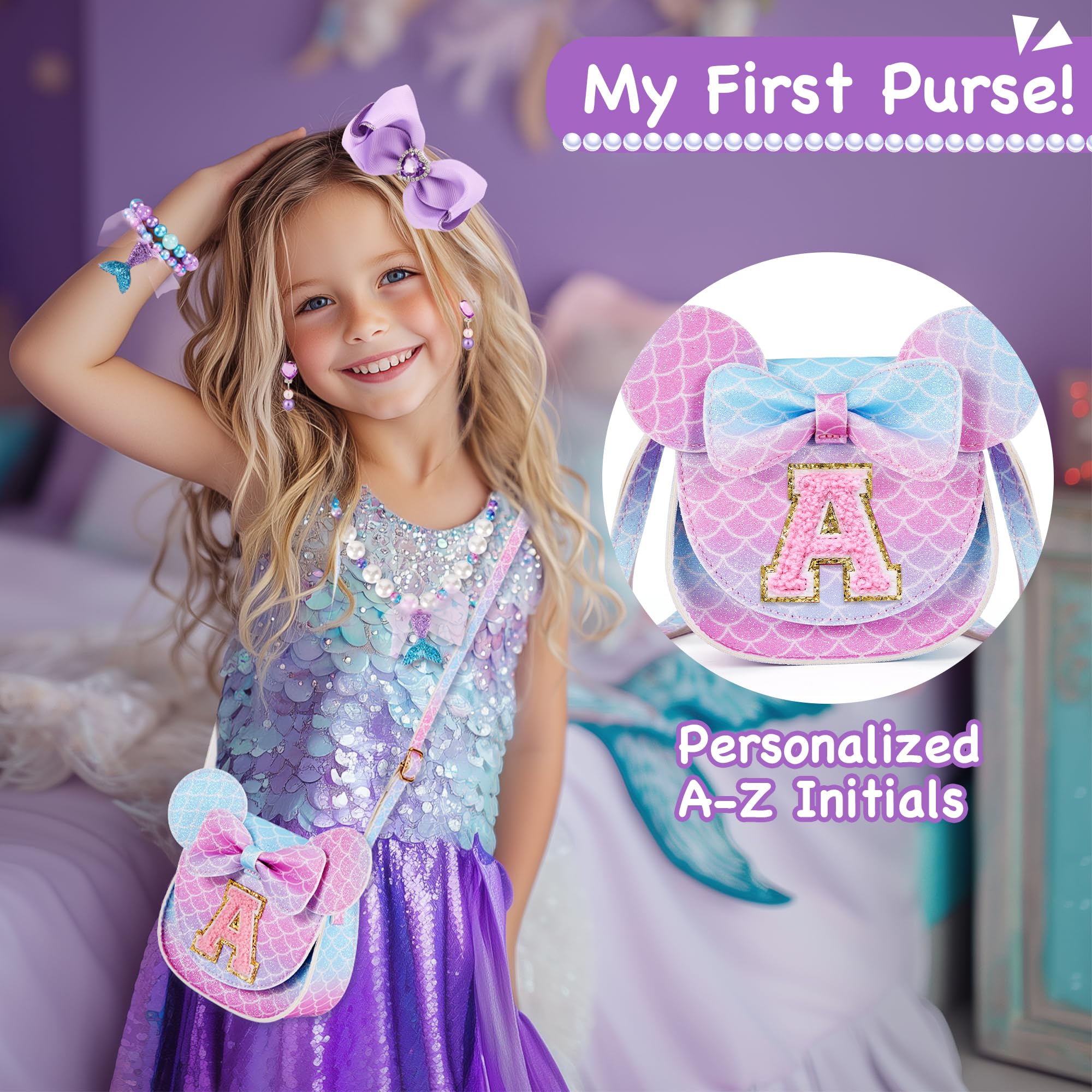 **Adorable Mermaid Toddler Purse Set for Girls Age 3-8 - Princess Dress Up Jewelry & Mini Mouse Ears - Perfect Birthday Gift for Little Girls (Mermaid Purple) - Ideal for Birthday Parties, Dress Up Play & Pretend Play**
