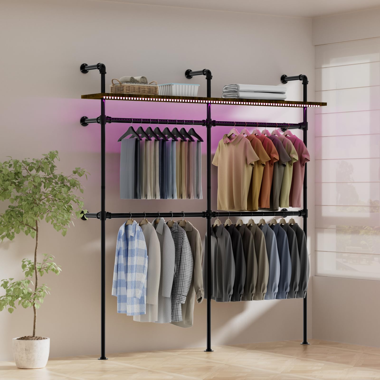 ROOMTEC Heavy Duty Industrial Pipe Clothing Rack - Wall Mounted Garment Rack with LED Lights & Shelves, Walk-in Closet System for Home, Office, or Retail Store Organization