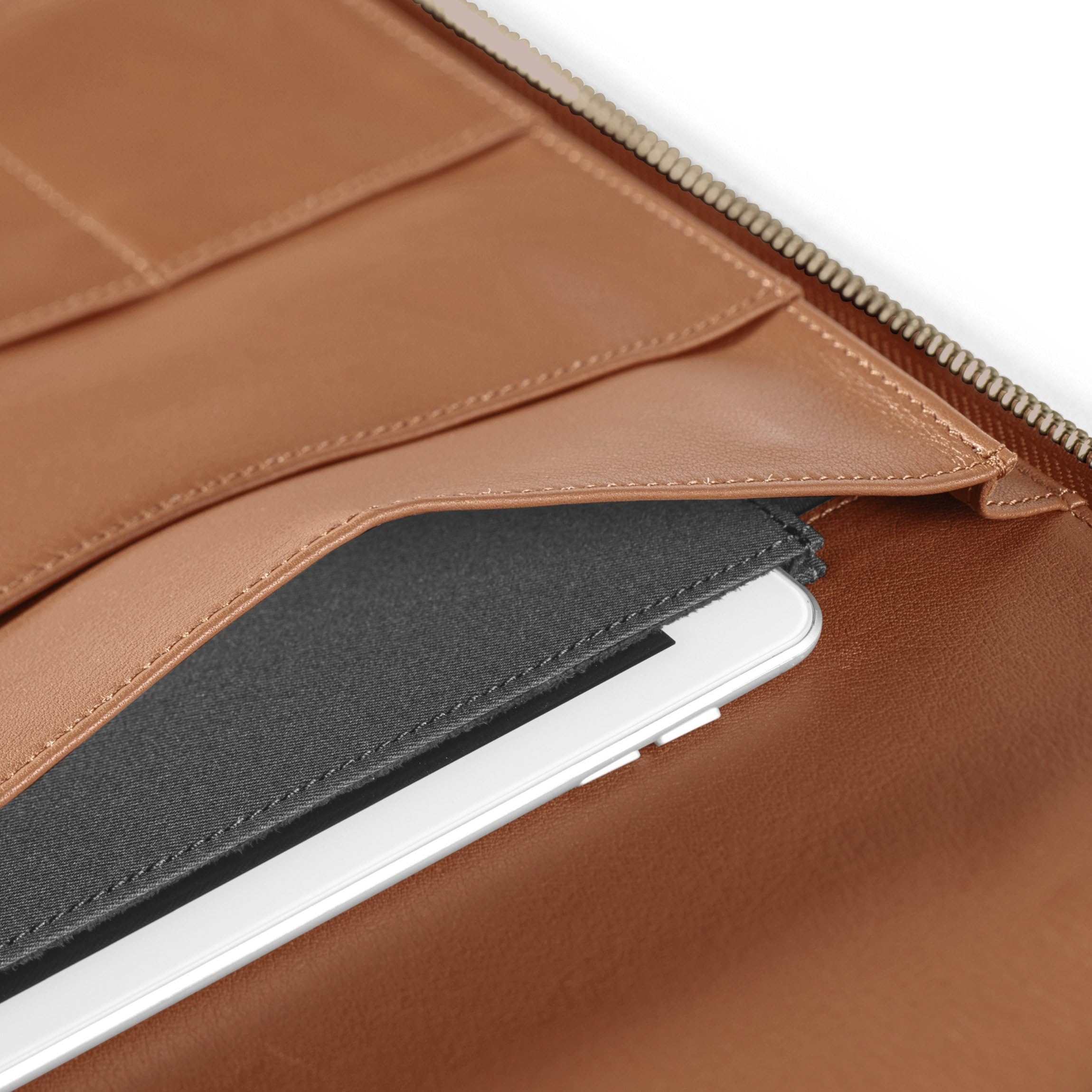 Premium Genuine Leather Cognac Executive Zippered Portfolio - Business Organizer with Tablet Pocket & Multiple Card Slots - Perfect for Office, Meetings & Business Travel
