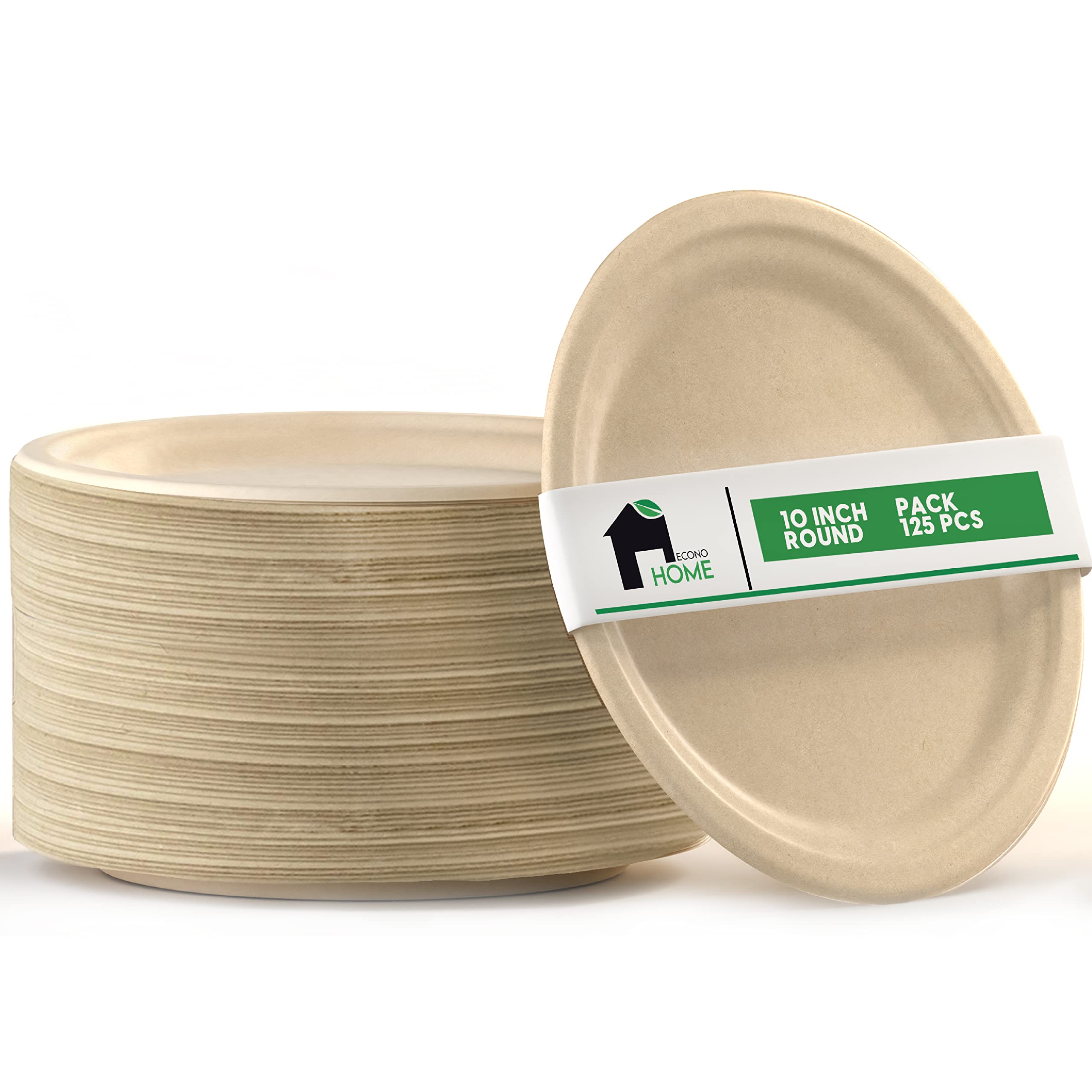 EconoHome 10 Inch Biodegradable Paper Plates [125-Pack] - Eco-Friendly Disposable Plates Made from Sugarcane Fiber - Microwave & Freezer Safe - Heavy Duty Dinner Plates for Parties, BBQs, Picnics & Family Gatherings