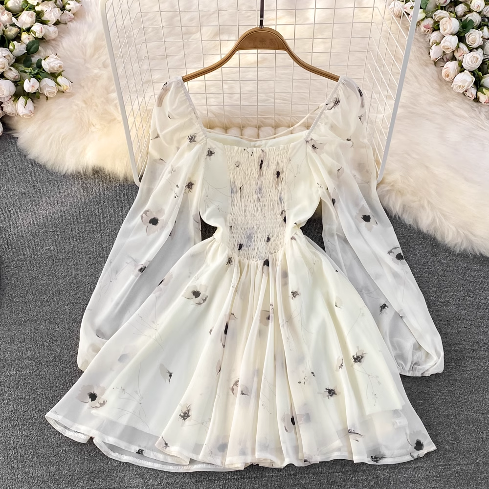 Korean Style Square Neck Long Sleeve Floral A-Line Princess Puffy Dress for Women - Elegant Party, Wedding Guest, or Special Occasion Outfit