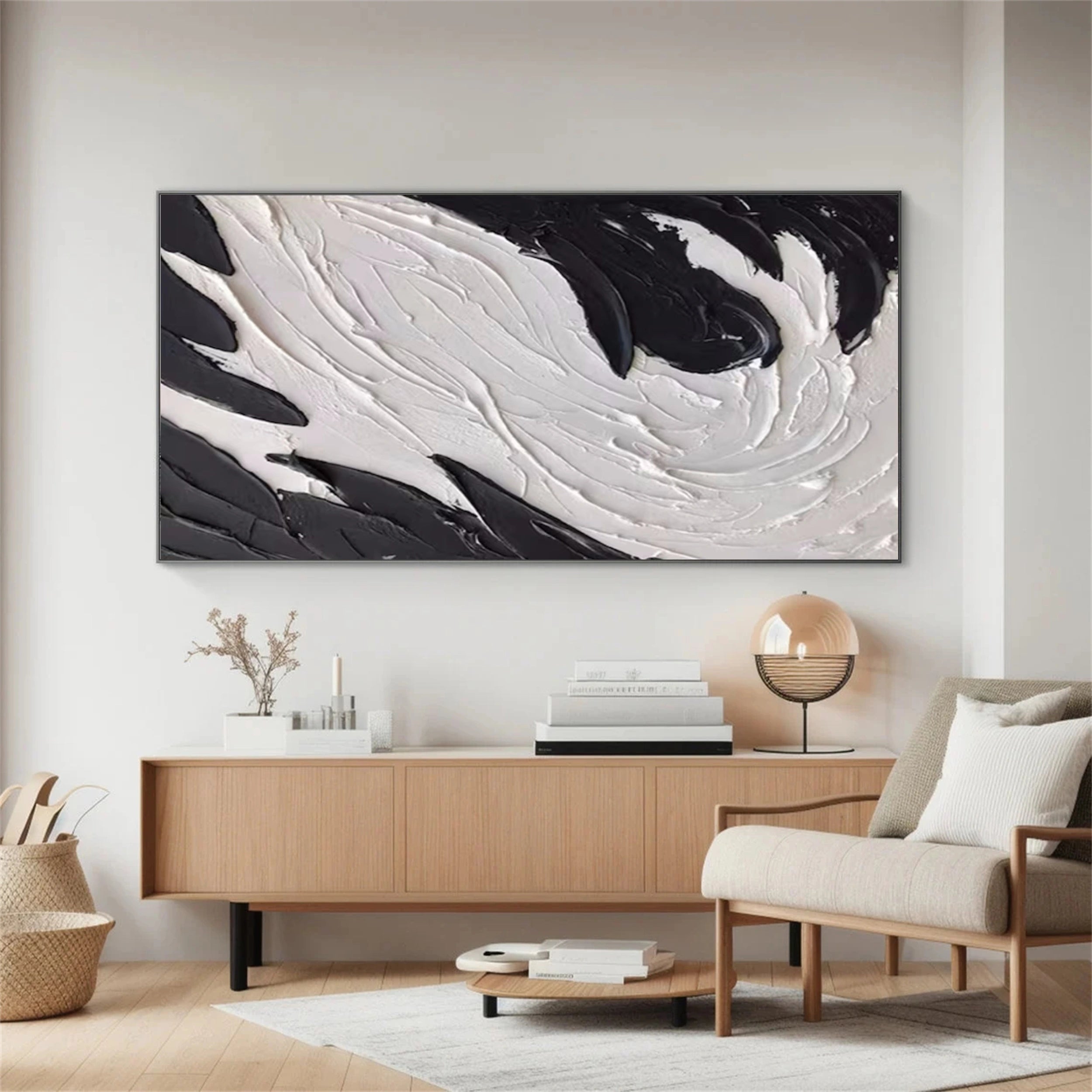 Modern White & Black Abstract Textured Canvas Wall Art - Large Contemporary Home Decor for Living Room, Bedroom, Office | Framed Ready to Hang Painting #MM133