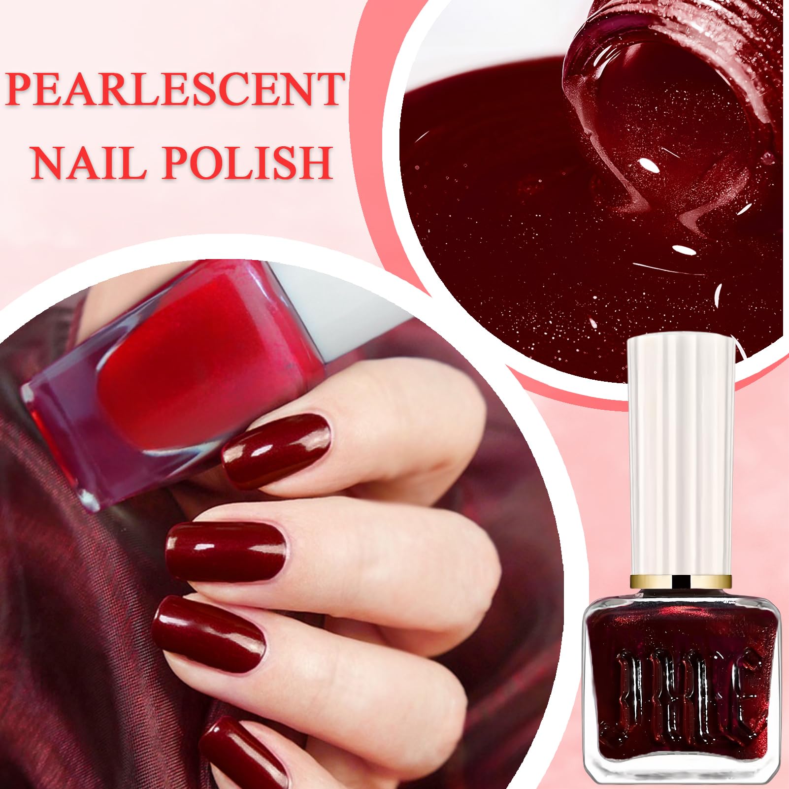 Pearl Gel Nail Polish - Deep Blood Red Shimmer Nail Color | No UV/LED Lamp Needed | Air Dry Formula for Beginners | 12ml DIY Home Manicure Kit | Perfect for Parties, Weddings & Special Occasions