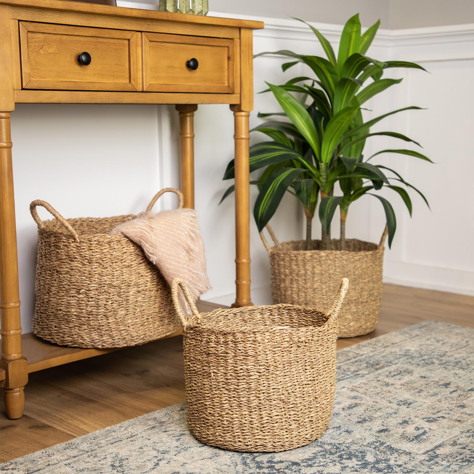 Northlight Beige Round Seagrass Table and Floor Baskets - Set of 3, Natural Woven Storage Baskets for Home Organization, Living Room, Bedroom & Bathroom Decor
