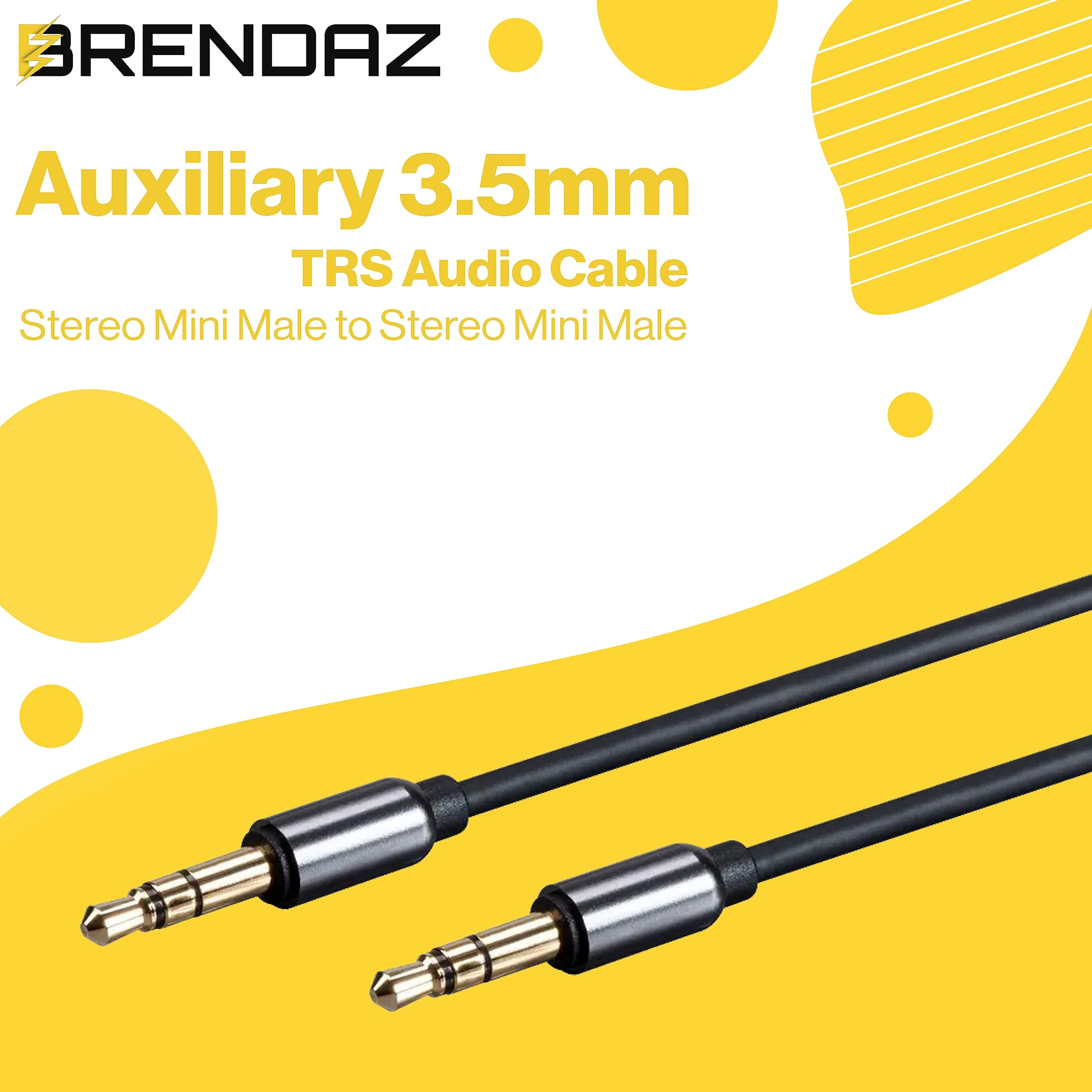 Premium BRENDAZ 3.5mm TRS Male to Male Stereo Audio Aux Cable (3 Feet) - Compatible with Bose A20 Headset, Bass Module 500, Headphones & Speakers - Perfect for Home Audio, Car Stereo & Studio Equipment Connections