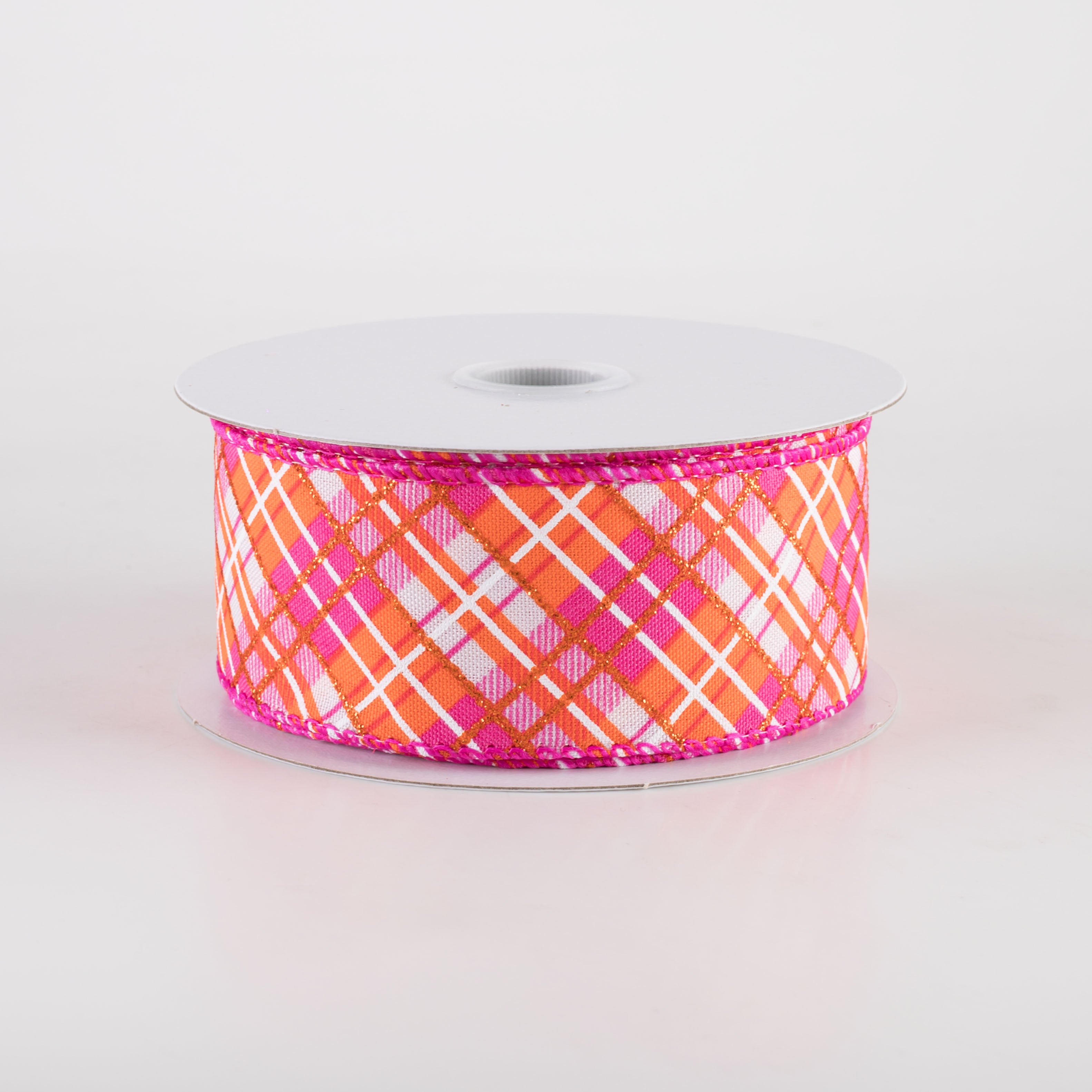 1.5 Inch Busy Diagonal Plaid Ribbon - White, Fuchsia & Orange (10 Yards) - Perfect for Gift Wrapping, DIY Crafts, and Holiday Decorations
