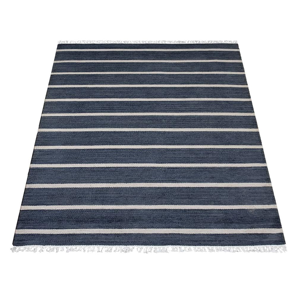 Handmade Wool Kilim Area Rugs 5'x8' - Eco-Friendly Flat Weave Carpet in Charcoal Cream | Contemporary Low Pile Living Room Rug | Durable Hand-Woven Design for Bedroom, Dining Area & Home Decor (D00116)