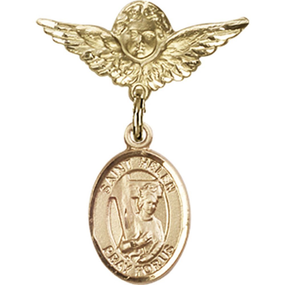 Gold Filled Baby Badge with St. Helen Charm & Angel Wing Pin - 1 X 3/4 Inch - Perfect for Christening Gifts, Baby Showers & Keepsake Jewelry