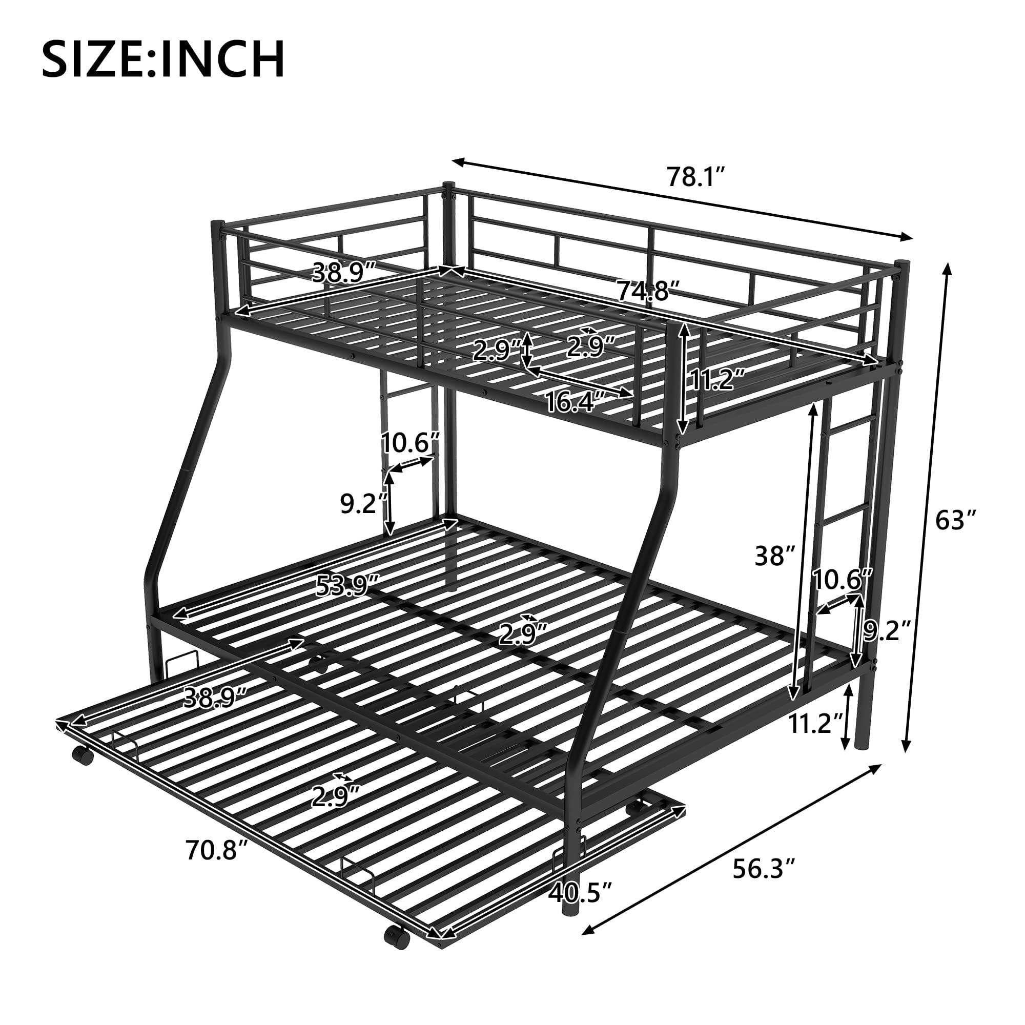 Metal Twin Over Full Bunk Bed with Trundle - Sturdy Kids Bed Frame for Small Spaces