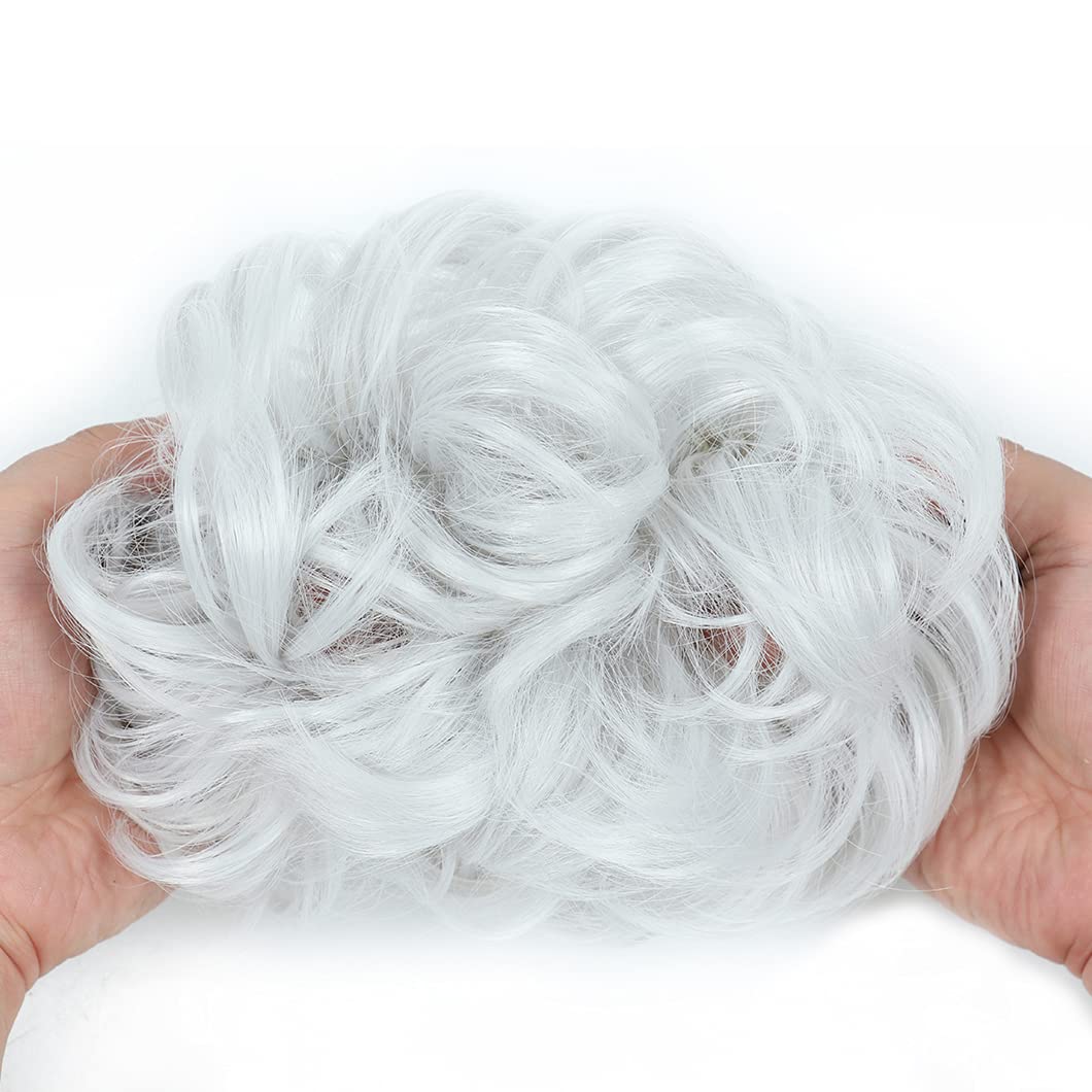 2Pcs Messy Bun Hair Piece - Curly Bun Hair Extension, Fake Hair Scrunchie for Messy Updo (Light Gray) - Perfect for Weddings, Parties & Everyday Styling