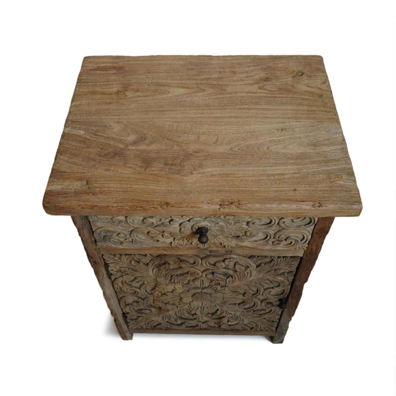 Hand Carved Solid Wood Bedside Table with Storage - 1 Door & 1 Drawer - Nightstand for Bedroom, Living Room, or Office - Rustic Wooden End Table with Ample Storage Space