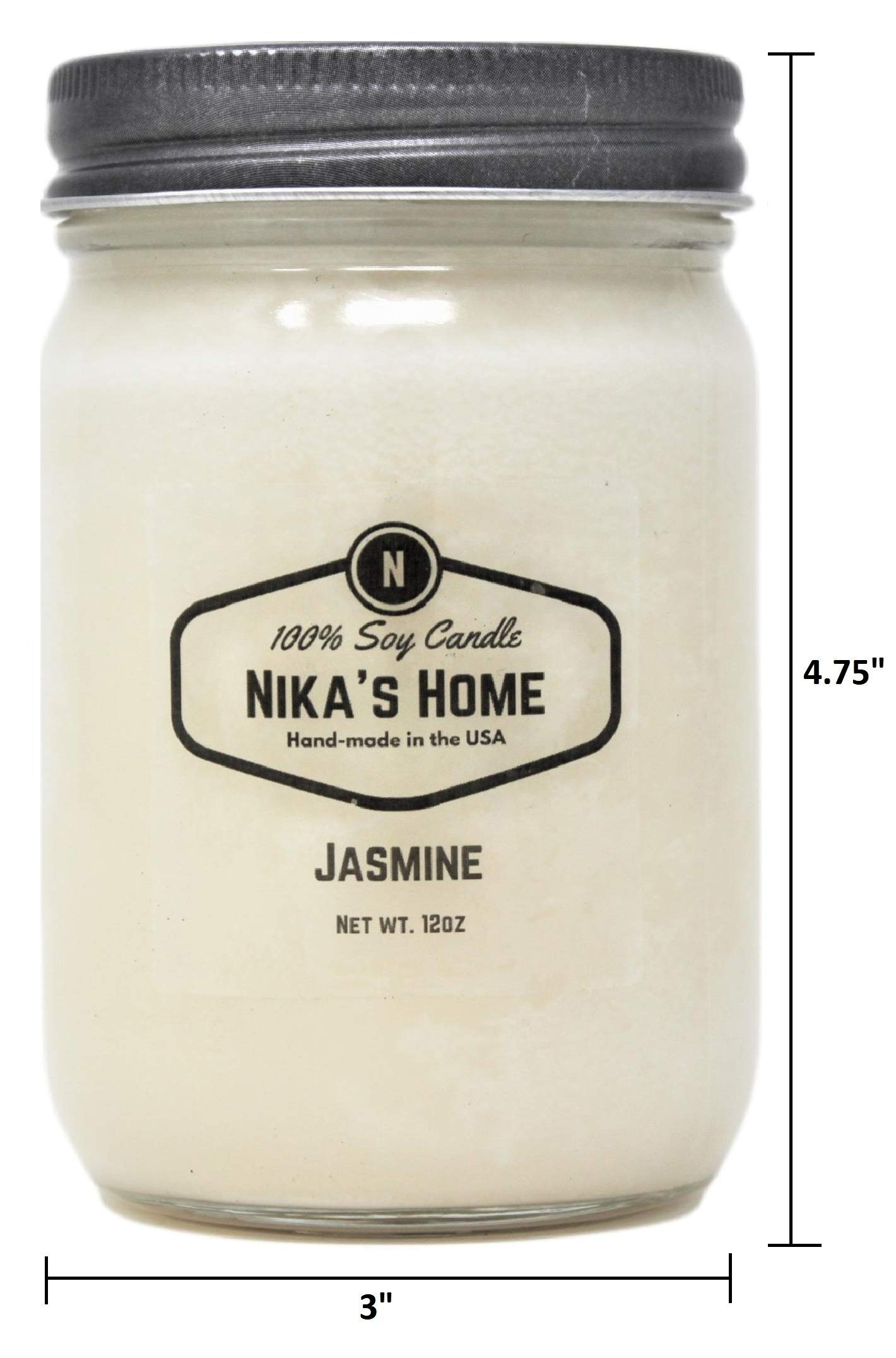 Nika's Home 12oz Jasmine Soy Candle in Mason Jar - Non-Toxic, Hand-Poured, Long-Lasting 50-60 Hours - Highly Scented All-Natural Clean Burning Candle - Perfect for Home Decor, Relaxation & Gift Giving