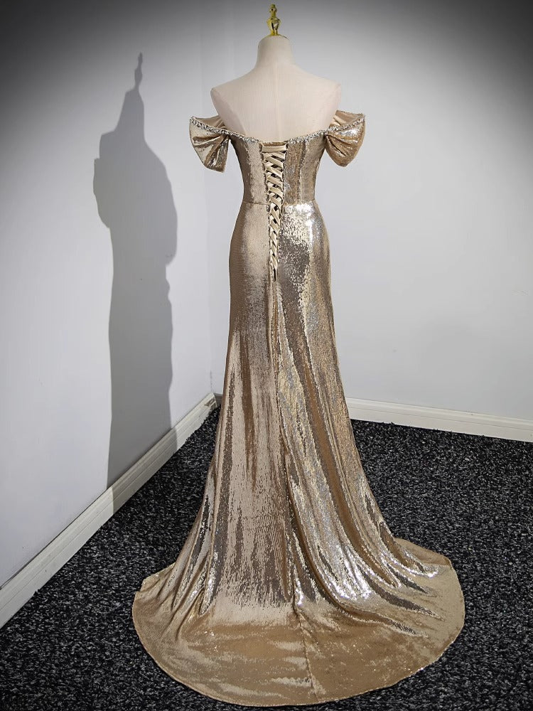 Elegant Gold Off-Shoulder Sequin Evening Gown with Train - Vintage 1969 Style for Prom, Wedding & Formal Events