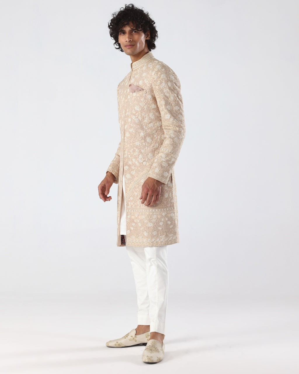 Elegant Beige & Pink Thread Embroidered Sherwani for Men | Traditional Indian Wedding Attire | Perfect for Weddings, Festivals & Special Occasions