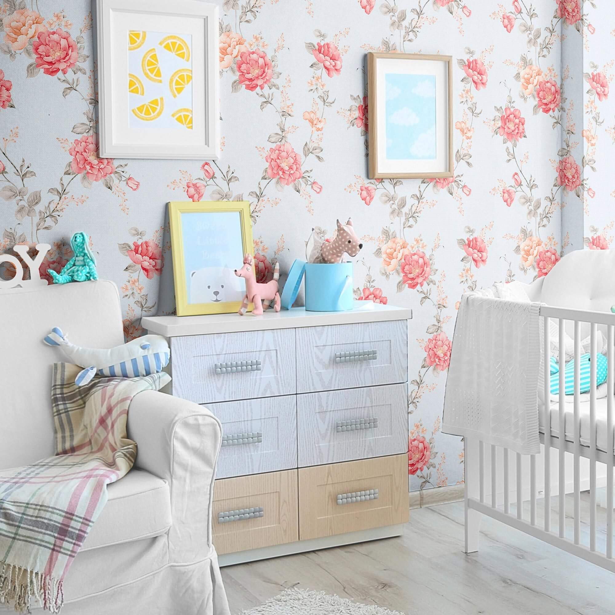 Pink and Blue Textured Floral Peel and Stick Removable Wallpaper - Self-Adhesive Decorative Wall Covering for Bedroom, Nursery, or Home Office Decor