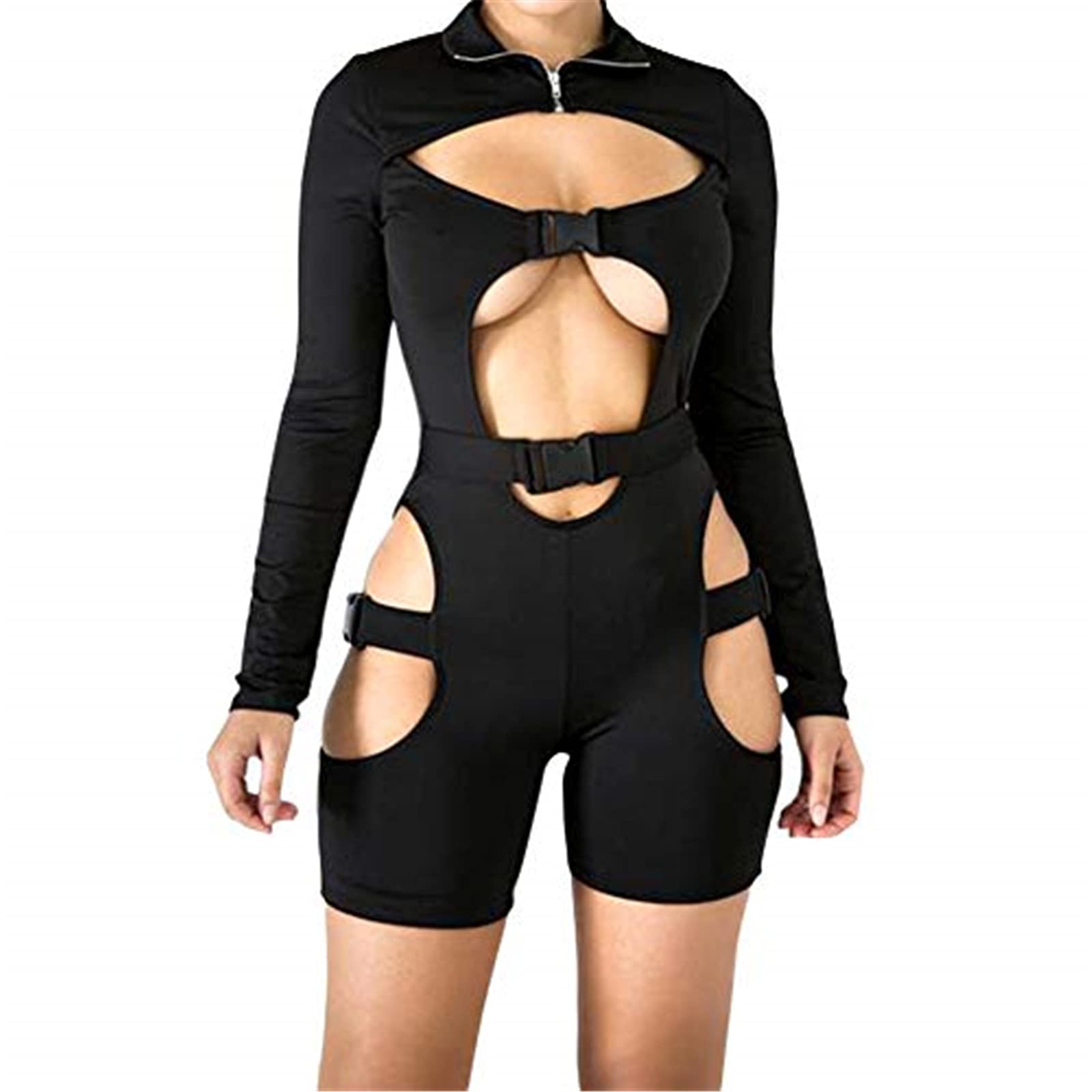 Sexy Hollow Out Short Jumpsuit for Women - Buckle Cut Out Long Sleeve Biker Romper Bodysuit | Clubwear, Y2K Fashion | Perfect for Night Out, Party & Streetwear