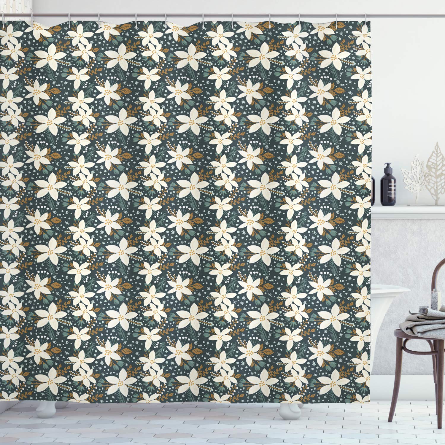 Ambesonne Christmas Shower Curtain - Winter Holiday Bathroom Decor with Poinsettia Flowers & Snowflakes - 69