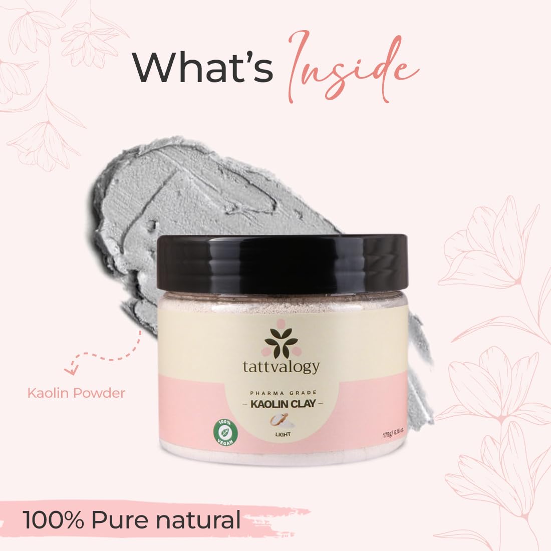 Tattvalogy Pharma Grade Kaolin Clay Powder - 175g | Organic White China Clay for Acne, Blackheads & Detan | Vegan, Paraben-Free Facial & Hair Mask in Glass Jar | Perfect for Spa Days & Skincare Routines