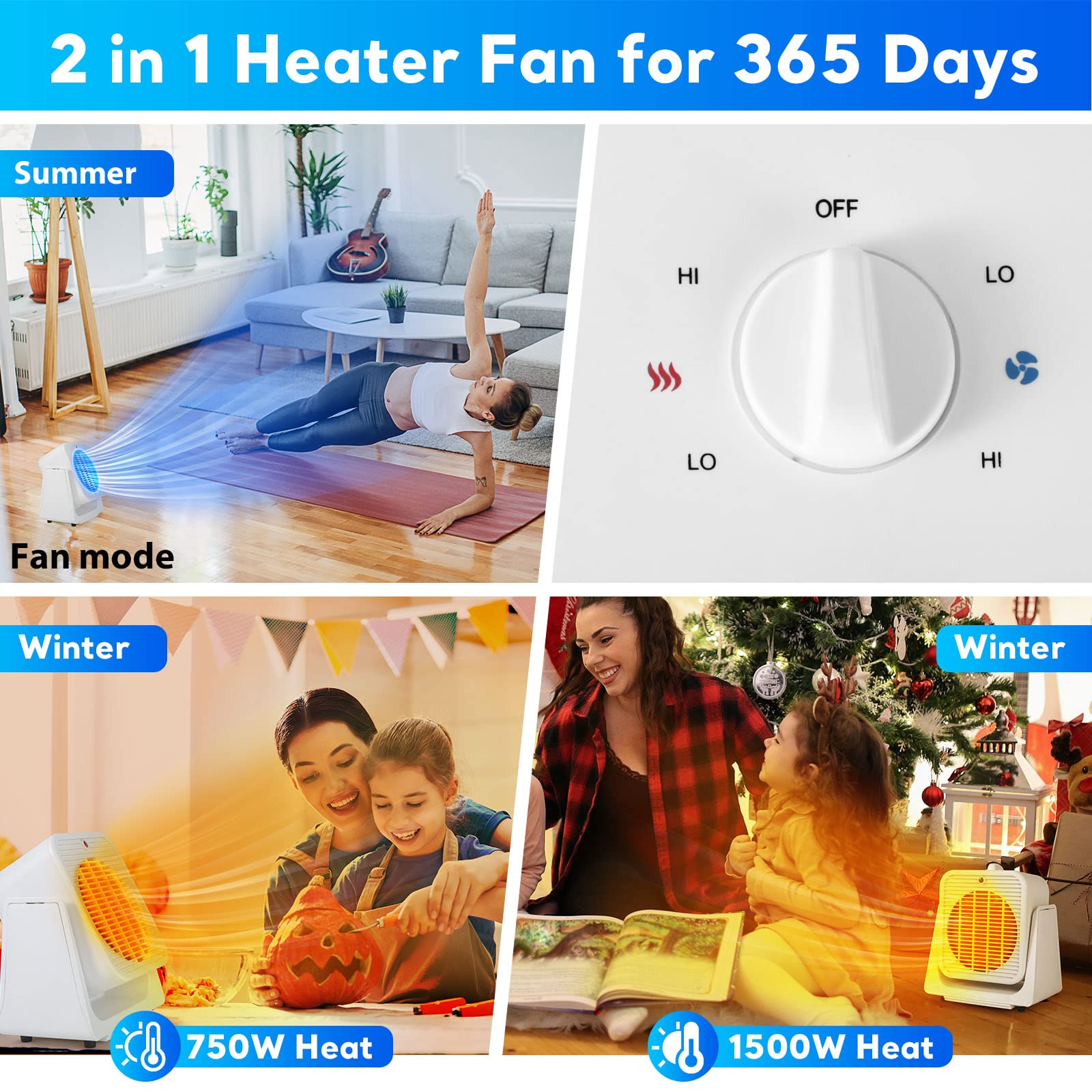 2 in 1 Desk Heater and Fan Combo - Fast Heating & Cooling, 45° Adjustable Angle, Overheat & Tip-Over Protection - Portable Space Heater & Cooler for Office, Bedroom, Home Use - Perfect for Winter Warmth & Summer Breeze