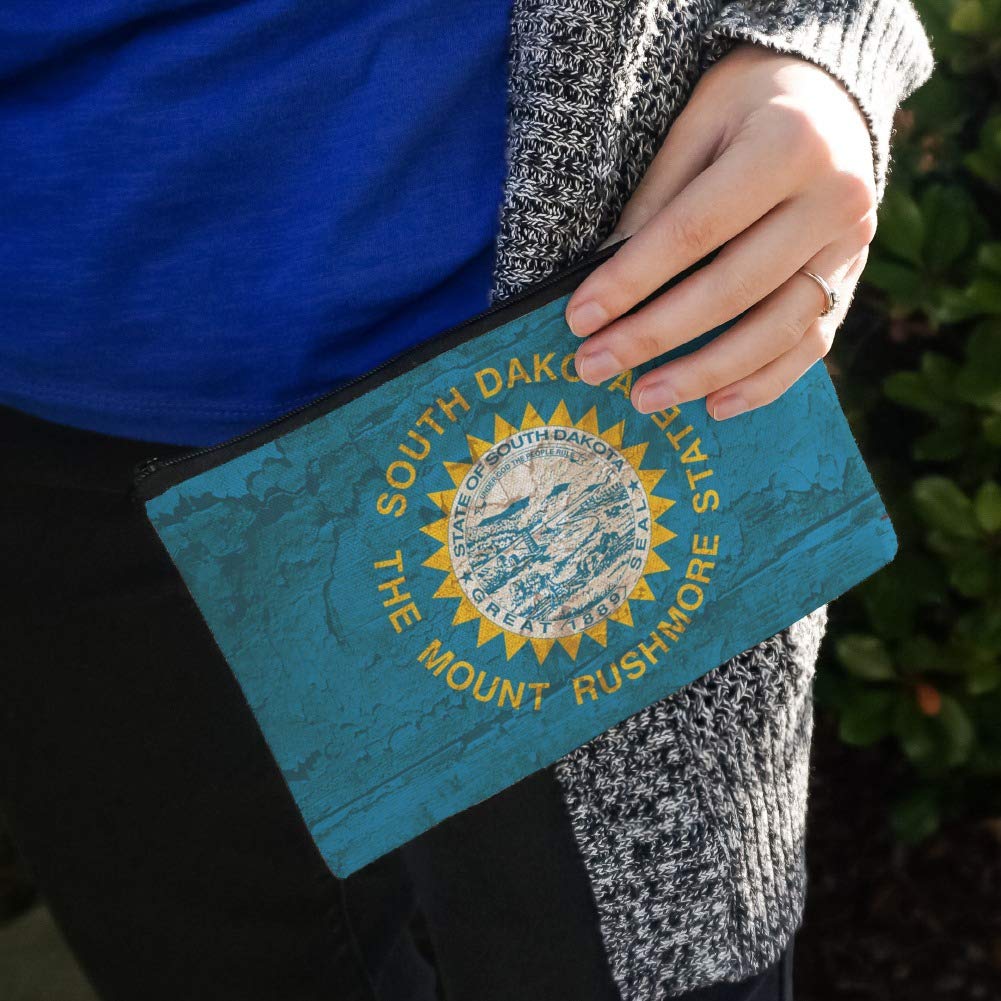Vintage Distressed South Dakota State Flag Cosmetic Bag - USA Made Makeup Organizer Pouch for Travel & Daily Essentials Storage