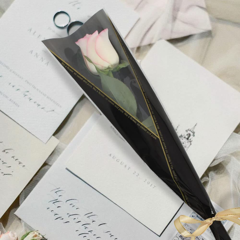 BEISHIDA 100 PCS Plastic Flower Sleeves for Single Roses - Black and Gold Letter Cellophane Wrapping for Florist Bouquets, Valentine's Day, Mother's Day Gifts - Perfect for Wedding, Anniversary and Romantic Occasions
