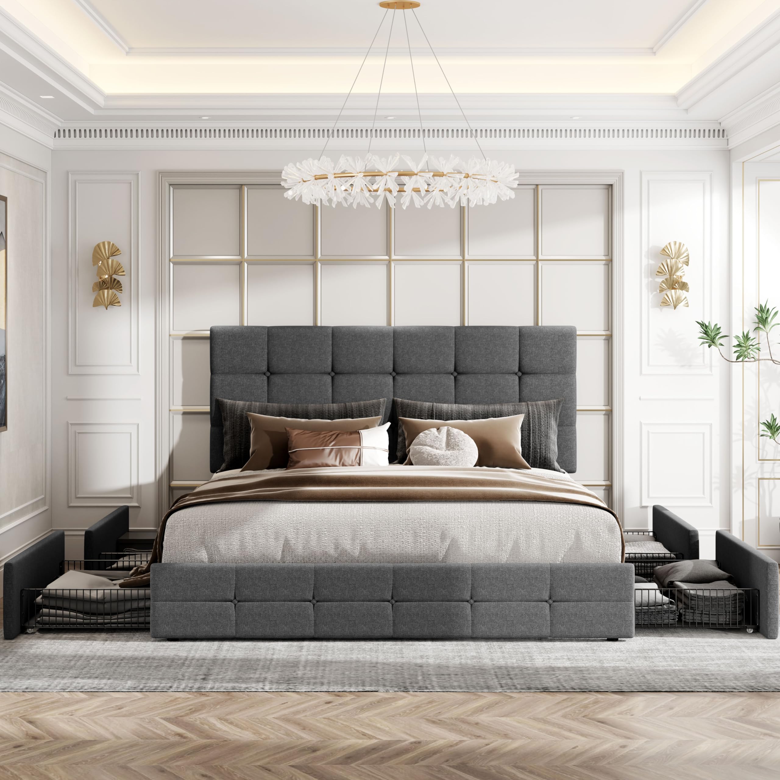 HOOMIC Queen Size Storage Bed Frame with 4 Drawers & Adjustable Headboard - No Box Spring Needed, Wooden Slats, Noise Free, Easy Assembly - Dark Grey Tufted Platform Bed for Bedroom, Guest Room, Dorm