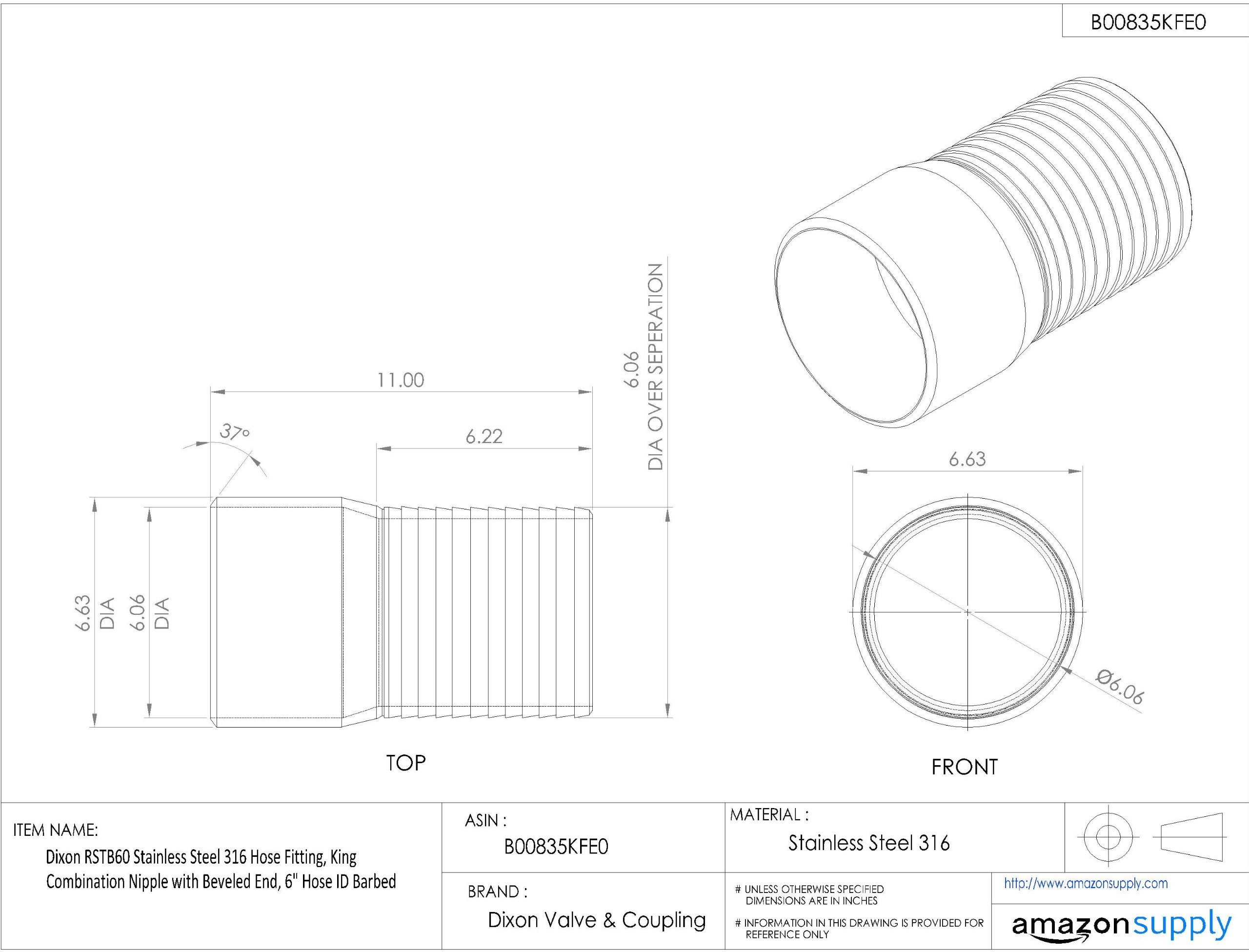 Dixon RSTB60 316 Stainless Steel Hose Fitting - King Combination Nipple with Beveled End for 6