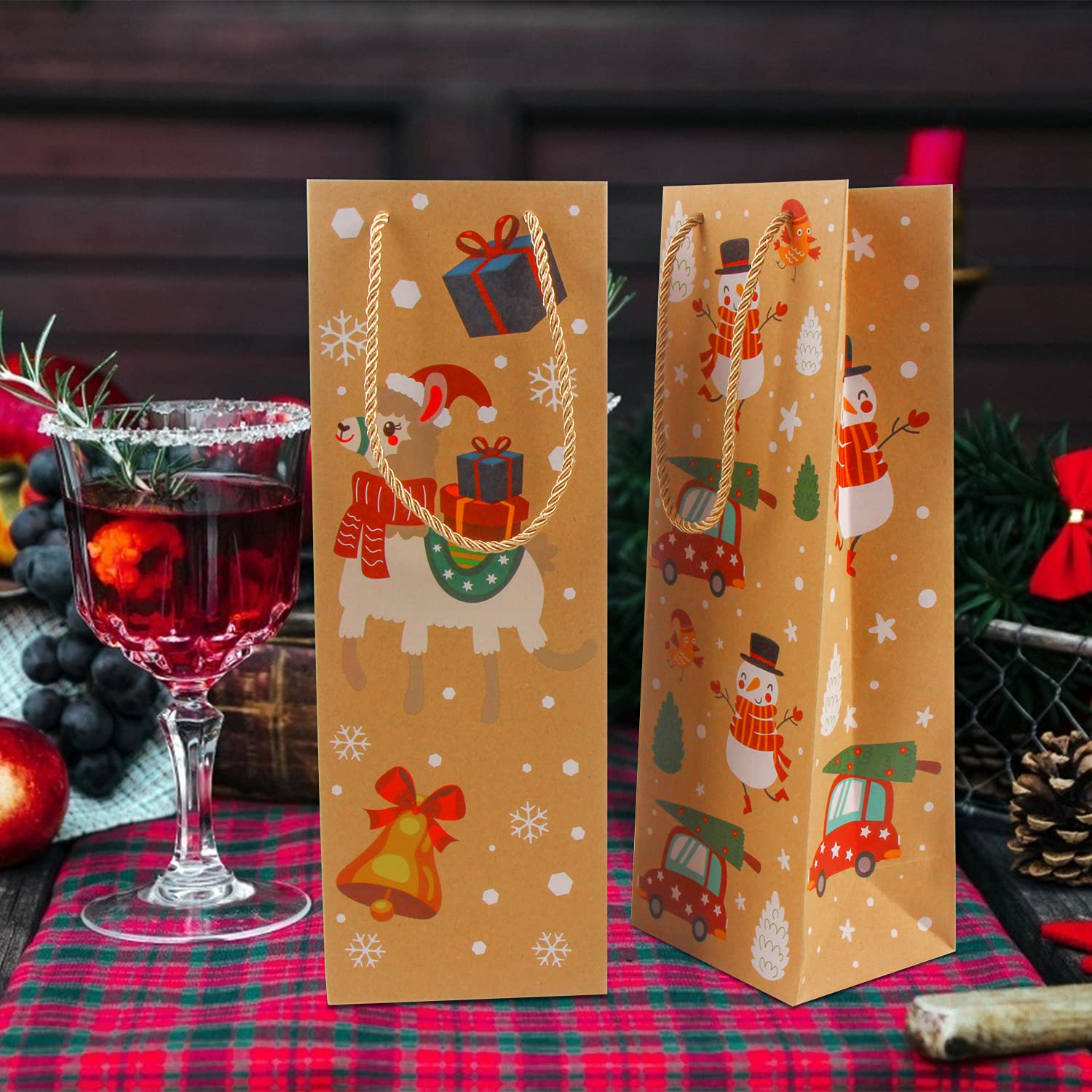 12 Pack Christmas Wine Gift Bags with Handles - Kraft Holiday Wine Bottle Bags for Party Favors & Gifts - Perfect for Christmas Parties, Hostess Gifts & Wine Exchanges