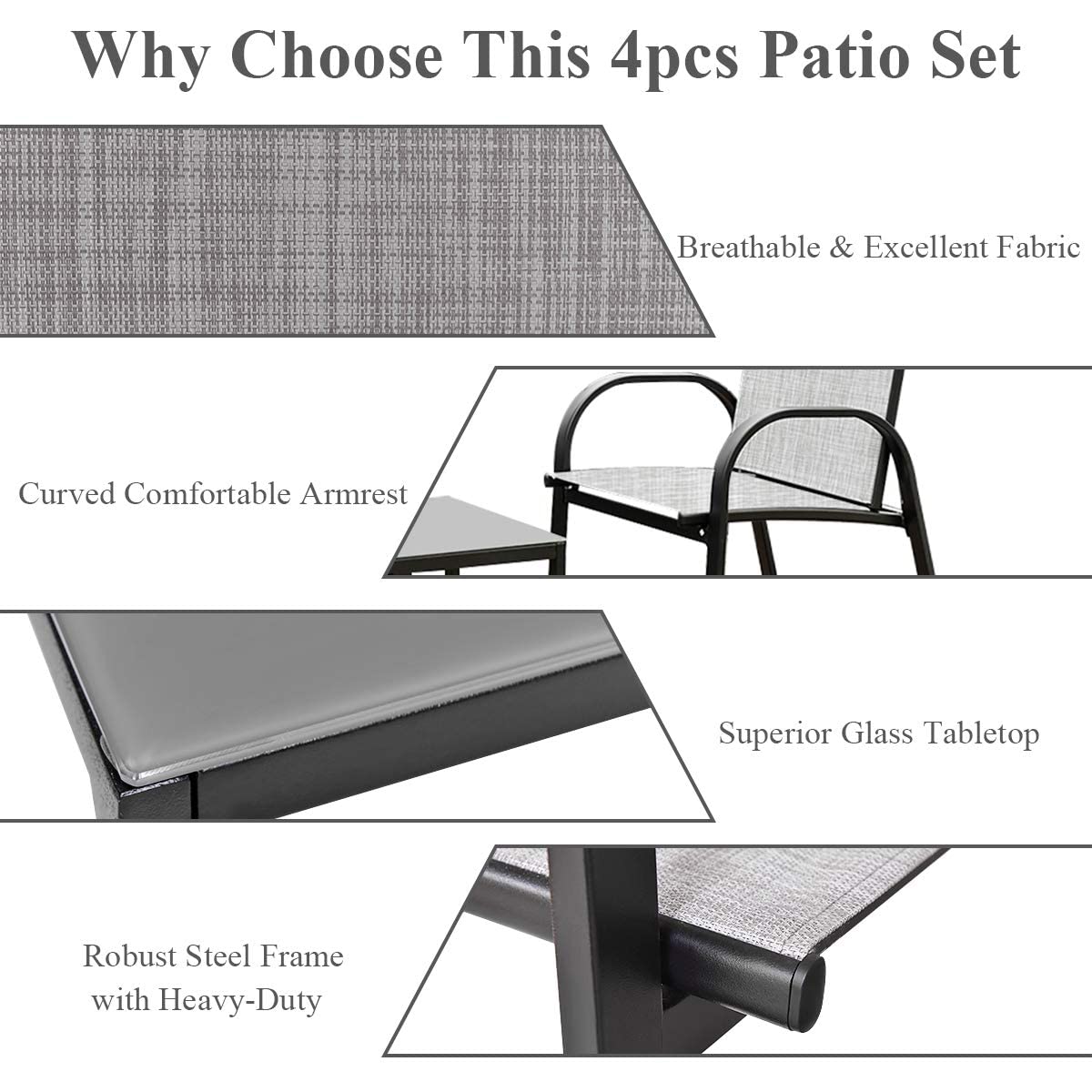 4-Piece Modern Patio Furniture Set with Metal Frame, Loveseat & Tempered Glass Table - Outdoor Conversation Set for Yard, Garden, Poolside, Backyard (Grey) HY-022 | Perfect for Relaxing, Entertaining & Outdoor Dining