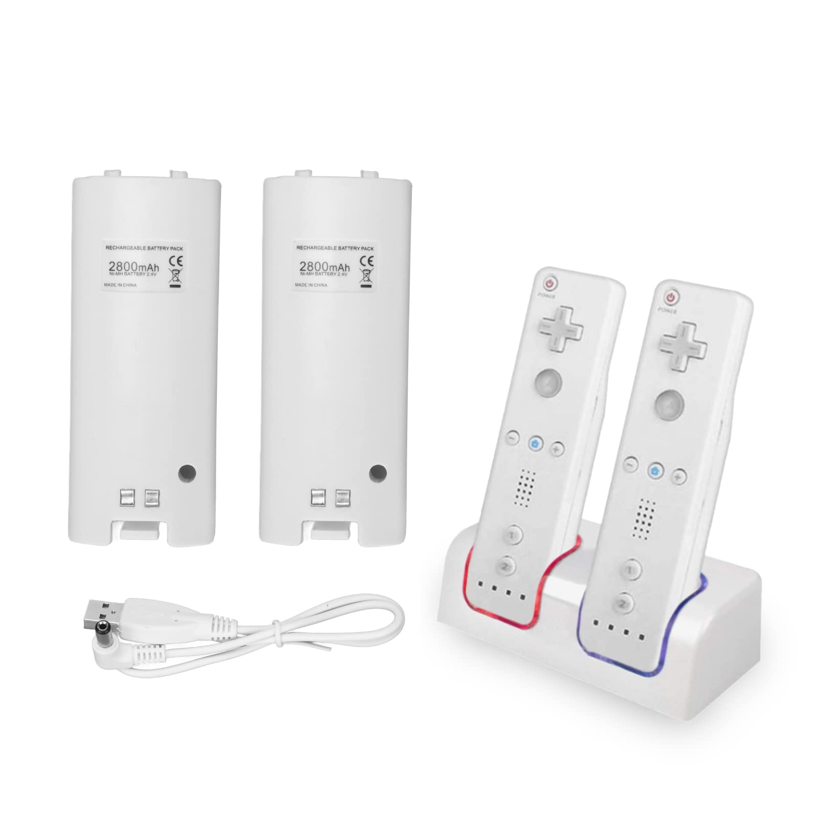 Yunseity Wii Remote Battery Charger - Dual Charging Station for Wii & Wii U Controllers with 2x 2800mAh Rechargeable Batteries (White) | Perfect for Gaming Sessions & Family Entertainment