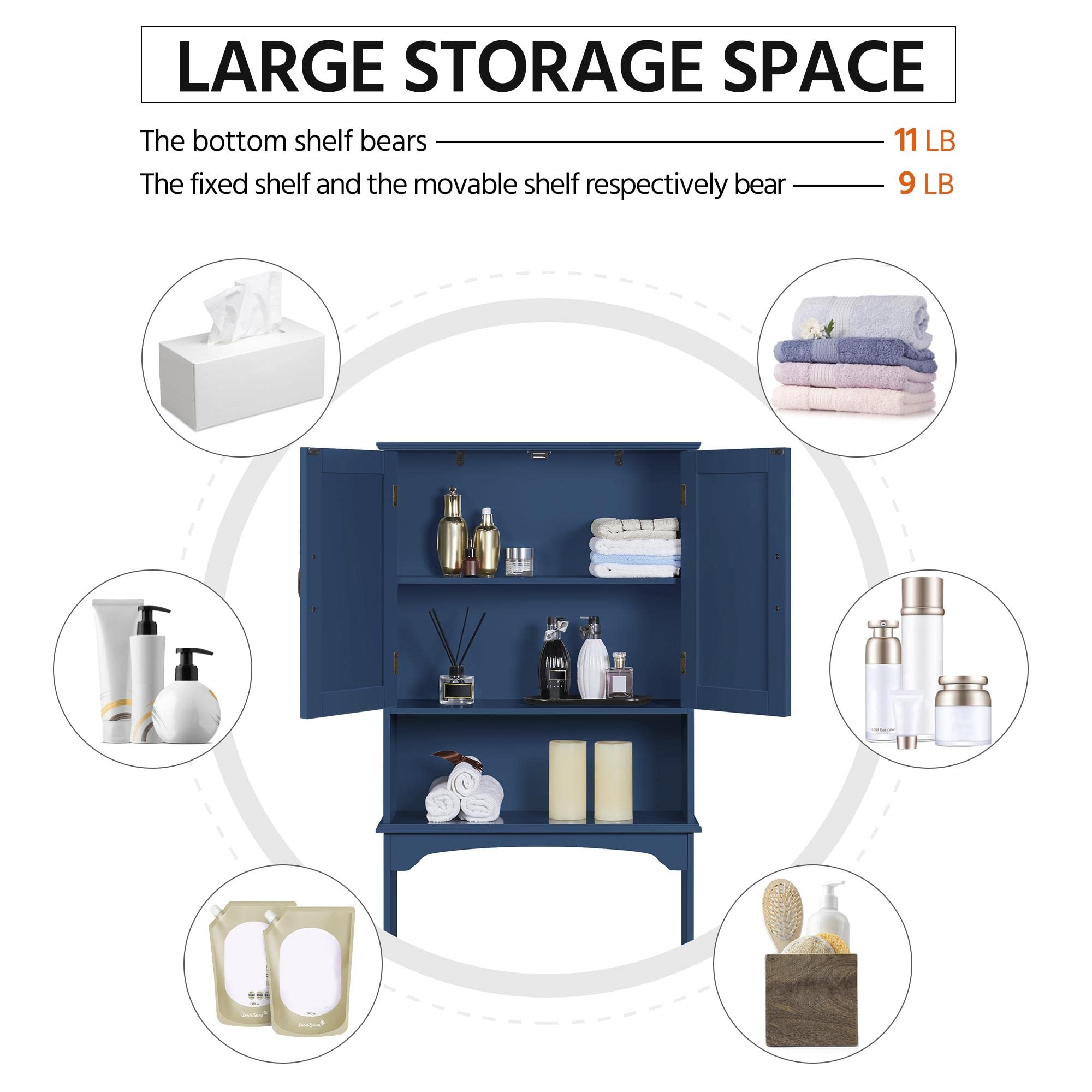 Topeakmart Over The Toilet Storage Cabinet with Double Doors, Adjustable Shelves & Open Shelf - 66 Inch Bathroom Organizer for Towels, Toiletries & Laundry (Navy Blue) - Perfect for Small Bathrooms & Apartment Storage Solutions