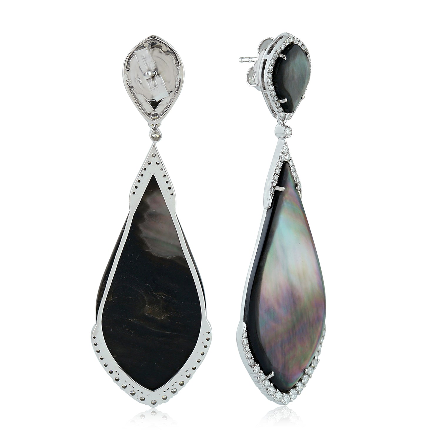 18K White Gold Black Mother of Pearl Pave Diamond Wedding Dangler Earrings – Elegant Bridal Jewelry for Weddings, Anniversaries & Special Occasions