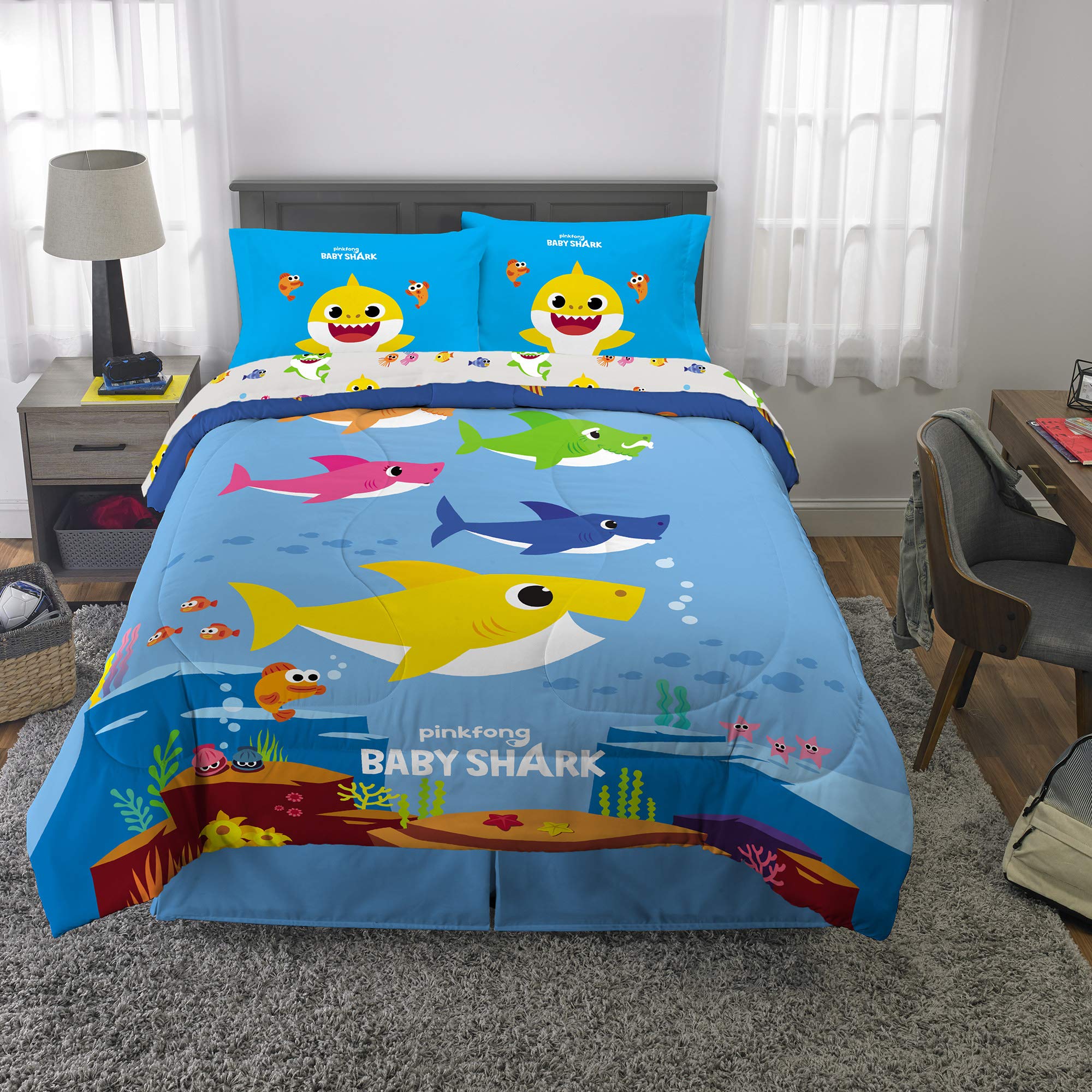 Franco Kids Bedding Set - Super Soft 5-Piece Full Size Comforter & Sheet Set with Baby Shark Design | Perfect for Toddler Beds, Nursery Decor & Shark-Themed Bedrooms
