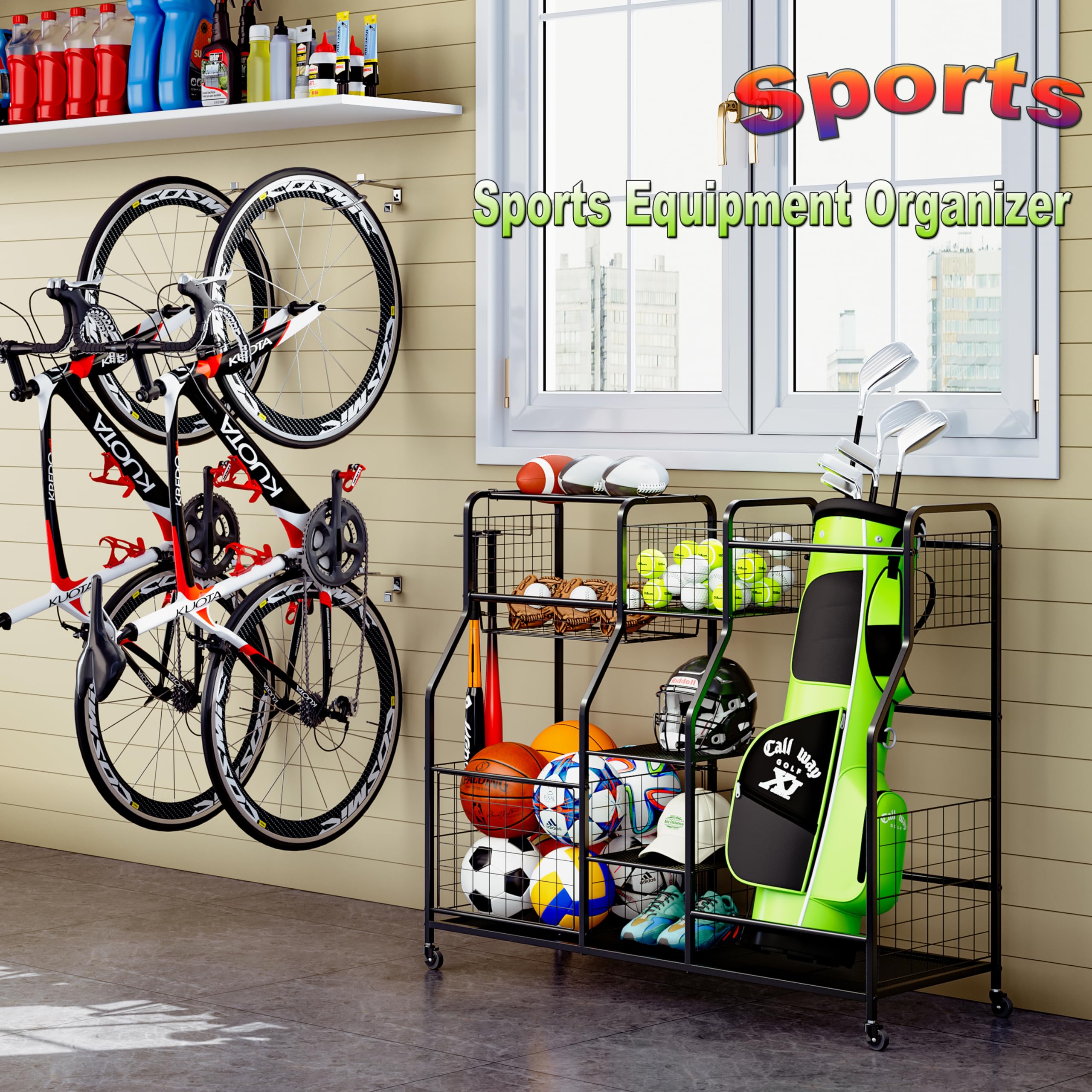 Garage Sports Equipment Organizer with Baskets & Hooks - 2 Golf Bag Holder, Outdoor Toy Storage & Ball Organizer for Garage - Perfect for Golf Clubs, Bikes, and Kids' Sports Gear Storage