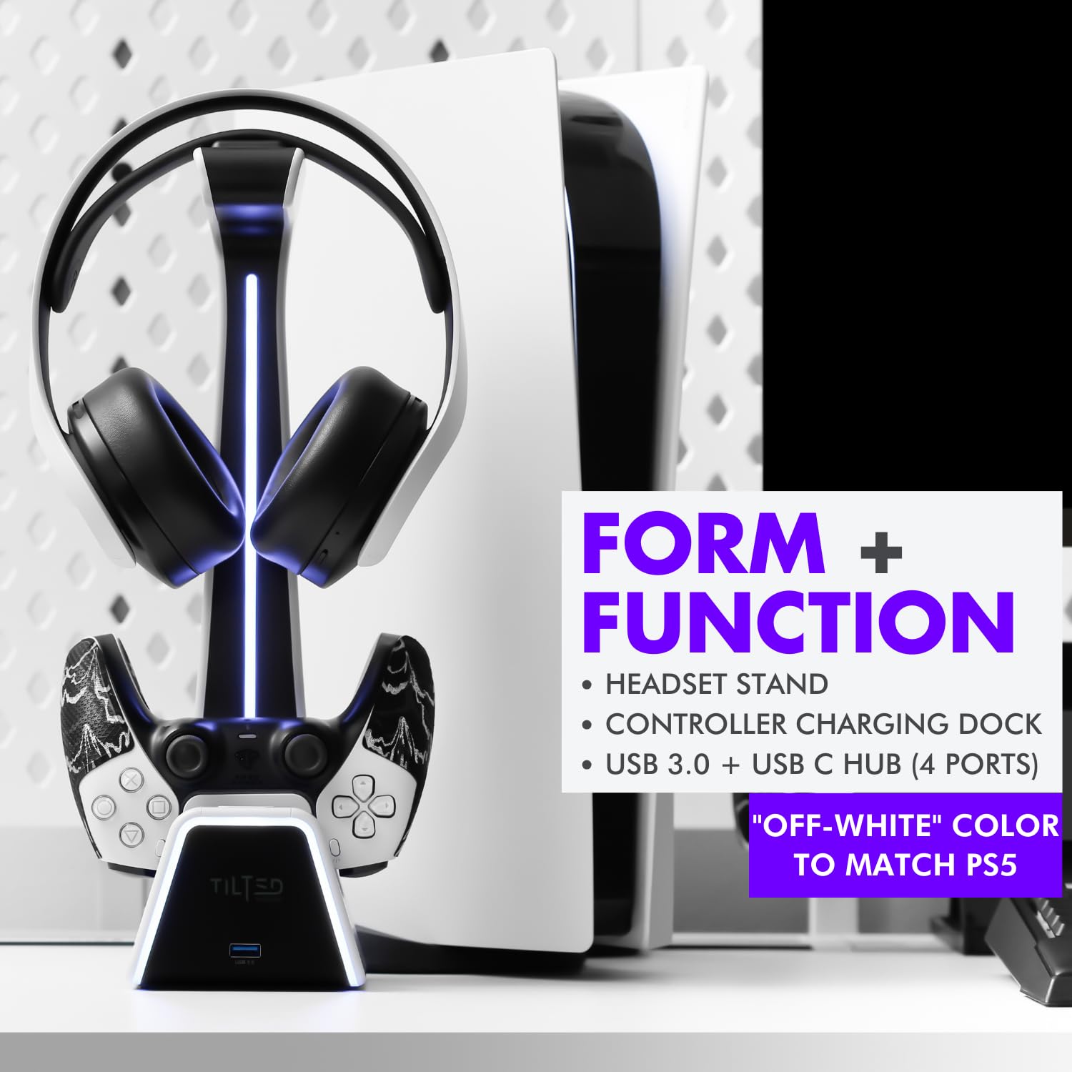 Tilted Nation RGB Gaming Headset & Controller Stand with Wireless Charging Station - Compatible with PS4, PS5, PC - Dual Charger for Headphones & Game Controllers - White Desk Organizer for Gaming Setup & Streaming Station