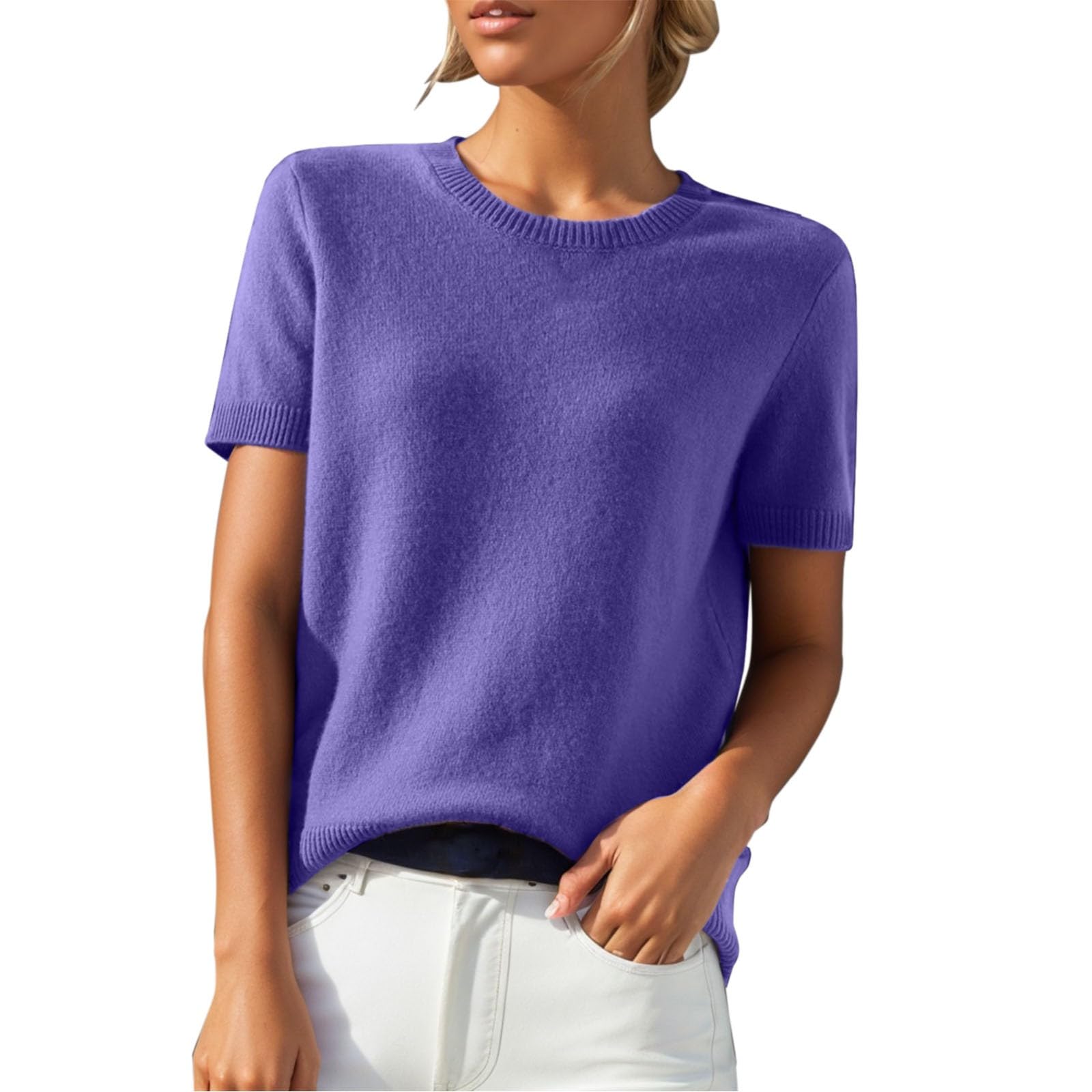 Women's Short Sleeve Crop Sweater - Round Neck Loose Knit T-Shirt Top for Casual Wear, Spring & Summer Fashion, Date Night Outfits